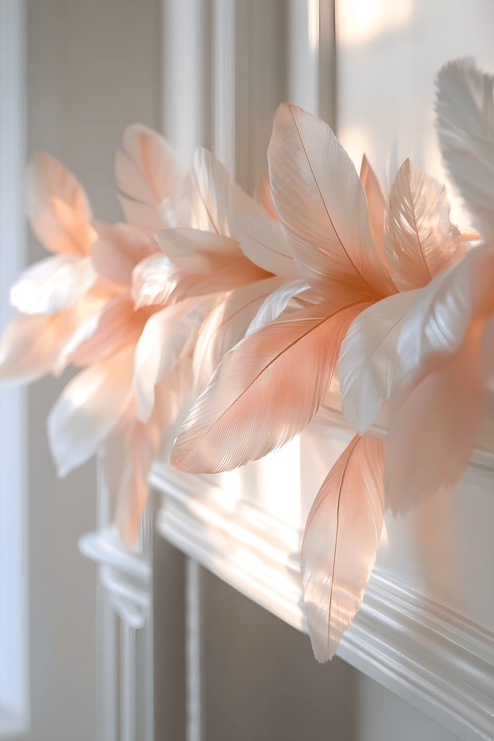 A white mantel featuring an elegantly draped garland of pastel-colored feathers, lit by the warm sunlight of the golden hour streaming in from a nearby window.