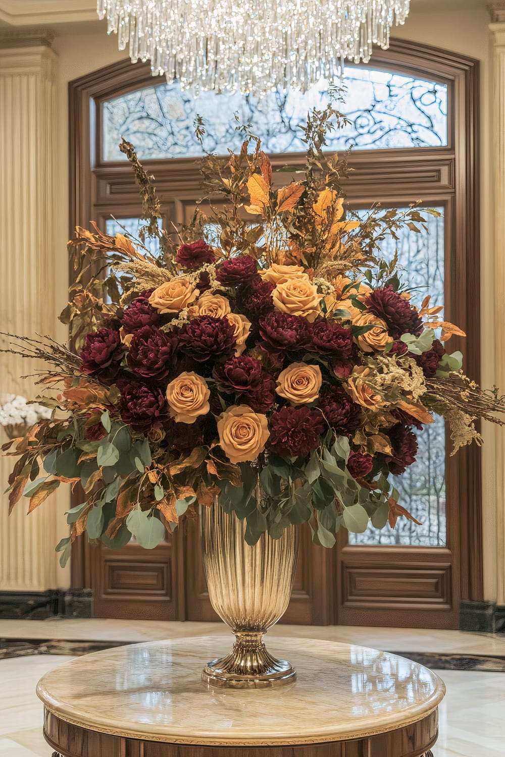 A grand floral arrangement with deep red and yellow roses, complemented by green leaves and golden branches, sits atop a tall, ornate, golden vase on a marble table. A large crystal chandelier hangs above, and intricate wood-framed windows with patterned glass are visible in the background.