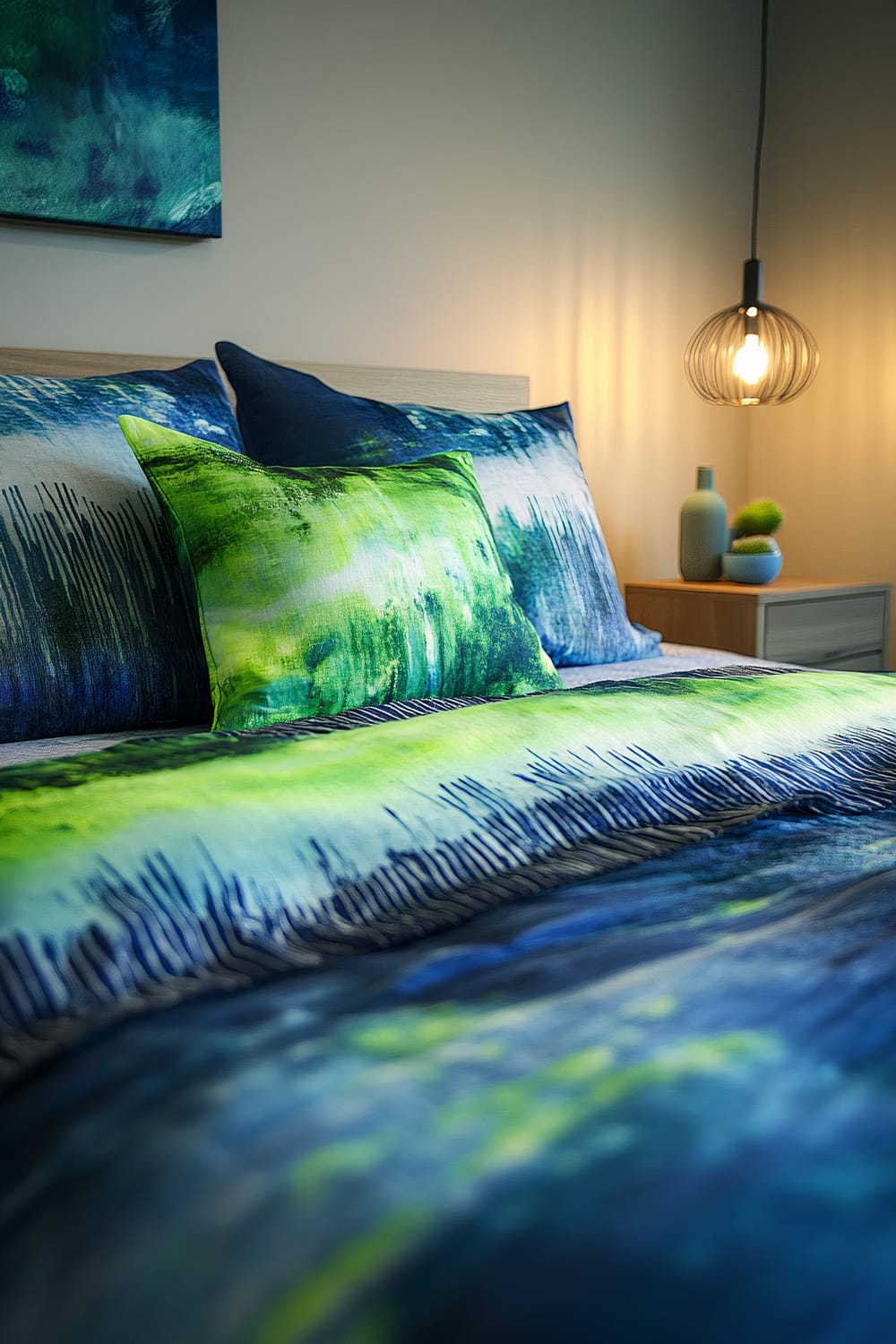 A contemporary bedroom focusing on a bed adorned with vibrant bedding inspired by the aurora borealis. The bedding features rich green and blue hues, depicting abstract, wave-like patterns. A single pillow on the bed shares the vibrant color palette. A bedside table holding decorative items and a modern pendant light casting a warm glow provide ambient lighting that enhances the bedding's colors. The overall atmosphere is serene and somewhat magical, with minimalist decor contributing to the room’s tranquility.