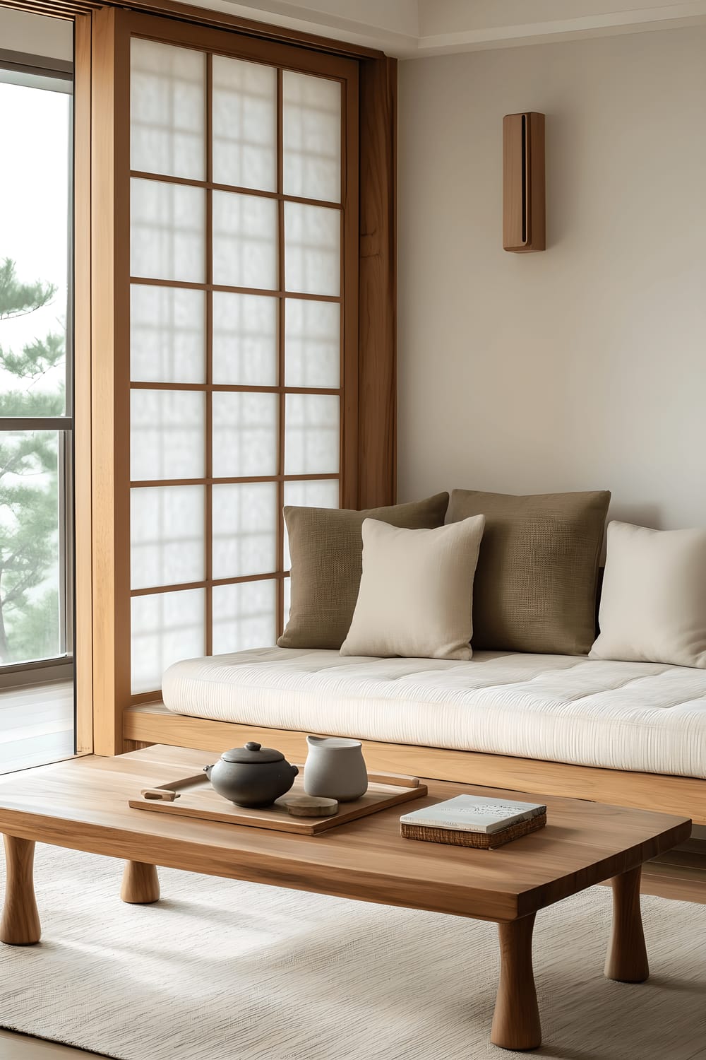 A compact living room showcasing Seoul's Hanok-inspired architecture. A low wooden sofa with neutral-hued cushions anchors the space, while a minimalist wooden coffee table holds a traditional Korean tea set in the center. The room is lit naturally through sliding wooden doors with paper screens on two sides, and a modern floor lamp adds a soft, ambient light. The overall color scheme consists of natural wood tones, subtle whites, and gentle greens for a peaceful atmosphere.