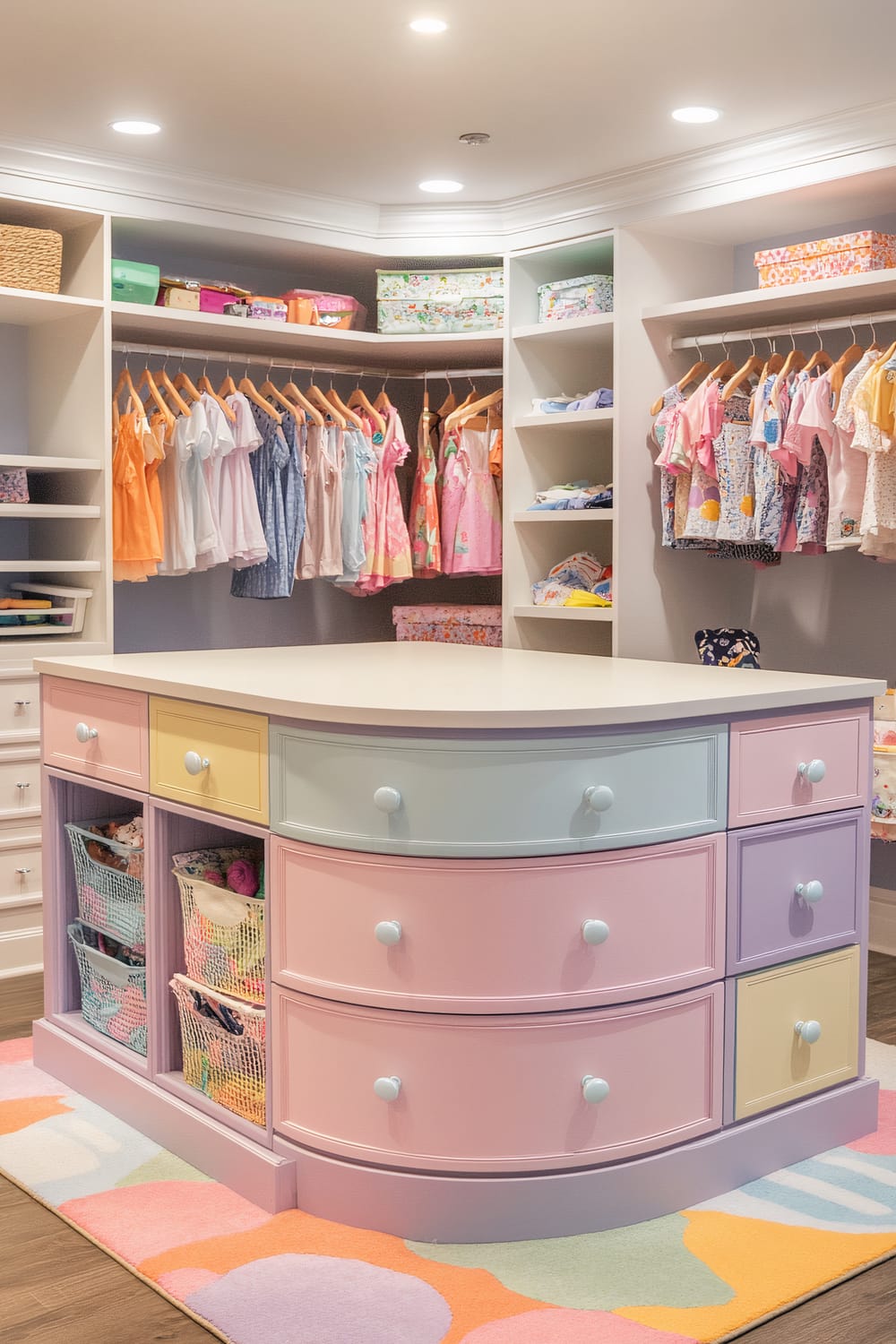 A child-friendly walk-in closet with pastel cabinetry, an island with colorful drawers, and a bright patterned rug. Clothes and accessories are neatly organized on open shelves and hanging rods at child-friendly heights.