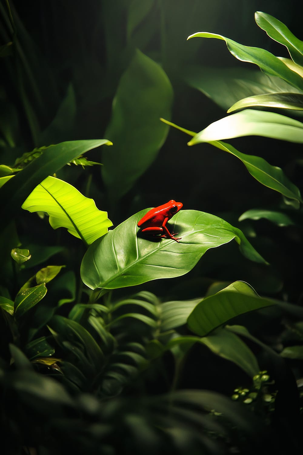 A bright red frog perched on a broad green leaf in a dense jungle setting. The surrounding area features lush, vibrant green foliage with varying leaf shapes and sizes, creating a dense and rich rainforest atmosphere. A spotlight illuminates the frog and its immediate surroundings, highlighting the striking contrast between the frog’s vivid red color and the deep green leaves.