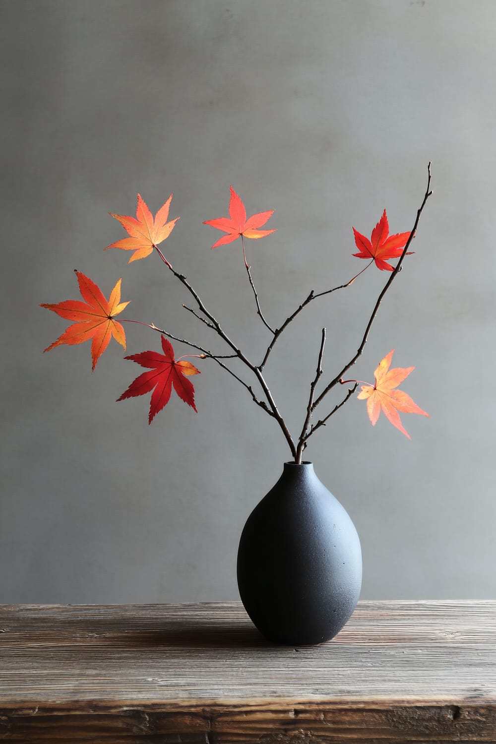 A minimalist arrangement featuring a black vase holding several bare branches adorned with vibrant red and orange autumn leaves. The vase is placed on a rustic wooden surface against a plain grey background.