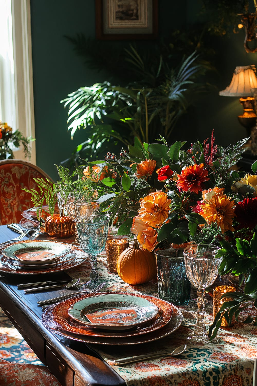 A richly decorated Bohemian Thanksgiving table setting with orange and teal accents. The table features an eclectic mix of textiles and patterns with lush greenery and vibrant flowers as centerpieces. Soft, dramatic lighting adds warmth and depth to the scene.