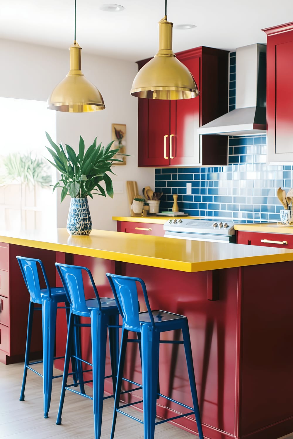 A vibrant kitchen featuring bright yellow resin countertops, oxblood red vintage wood cabinets, and cobalt blue metal stools at a breakfast bar. Golden brass pendant lights hang from the ceiling, softly illuminating the space. Minimalistic decor, such as a single green houseplant and a plain ceramic vase, add tasteful touches to the lively room. The 2:3 aspect ratio of the image accentuates the vertical elements of the room, making the space seem taller and more expansive than it actually is.