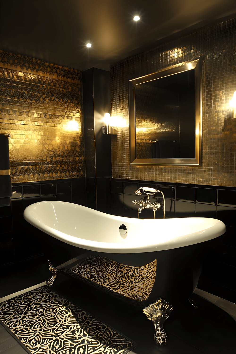 A luxurious bathroom with Art Deco inspiration. The room features gleaming black and gold geometric patterned tiles, a striking freestanding bathtub, and a mirrored vanity with chrome accents. Lighting fixtures with complex designs provide a bold illumination, creating intricate shadows. The vintage elegance of the space is heightened by decorative accessories such as an ornate gold-framed mirror and patterned towels.