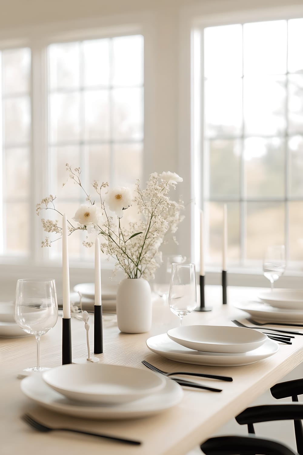 The image displays a modern Scandinavian-inspired dining area, featuring a light oak table set with simplistic white plates, matte black utensils, and clear glassware. An assortment of minimalist vases, each holding a single-stem flower, and small neutral-toned soy candles serve as the table's centrepieces. Flowing in through the large adjacent windows, an abundance of natural light beautifully highlights the dining area’s clean lines and understated elegance.