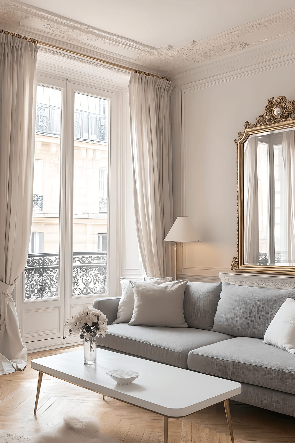 A stylish small living room embodying Parisian chic with a sleek gray linen sofa with brass legs, a Louis XVI-style white lacquer coffee table, and a large vintage gold-framed mirror on the wall. The room is illuminated by natural light from a large French window with sheer curtains and an additional light from a table lamp. The color scheme is soft grays, whites, and blush pinks, accented with touches of metallic gold.