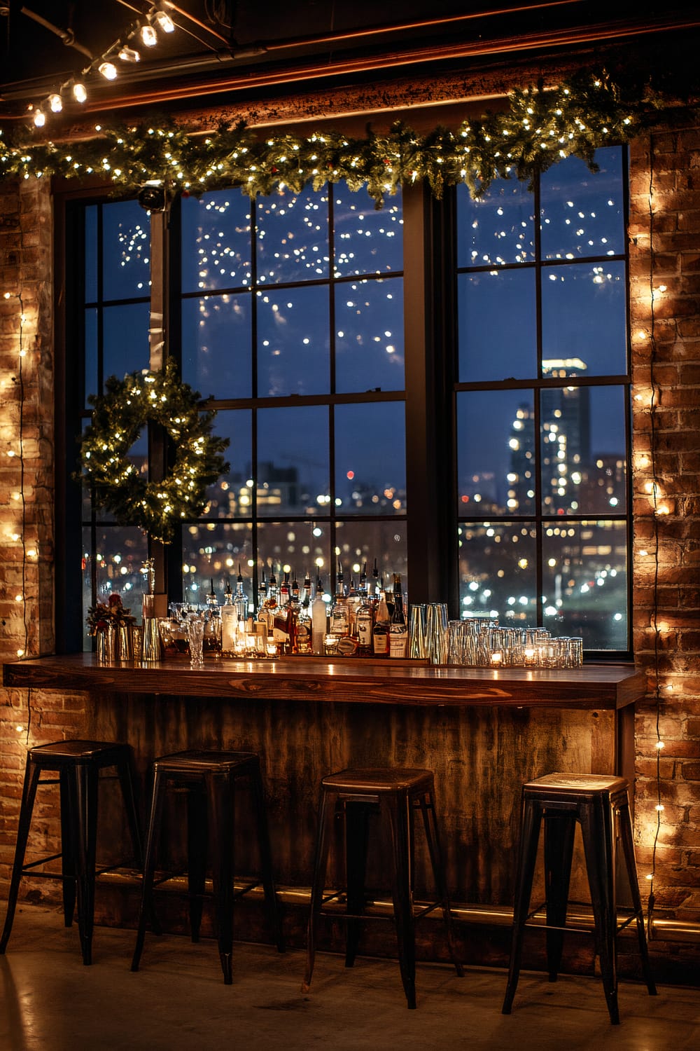 An intimate, warmly lit bar with a rustic aesthetic. The bar counter, adorned with various bottles and candles, is set against a large window showcasing a night cityscape. The window is framed by brick walls and decorated with festive garlands and string lights, creating an inviting atmosphere.