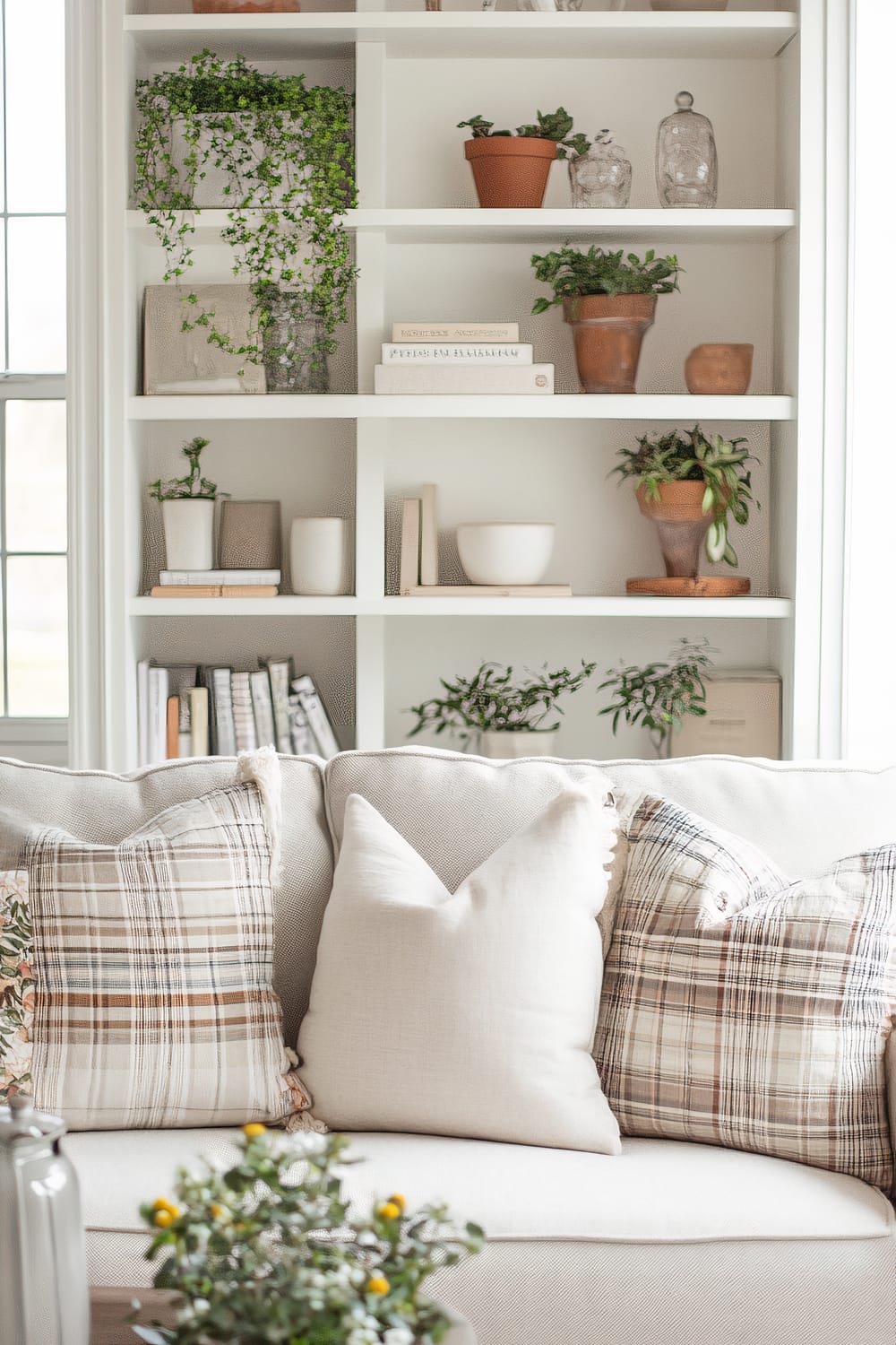 A bright and airy living room with a beige couch adorned with three large, plush pillows. The pillows feature neutral colors and plaids, creating a harmonious and relaxed ambiance. Behind the couch is a built-in white bookshelf filled with various decorative items including books, pots with green plants, and other small decor. The room is illuminated by natural light streaming in from a window on the left.