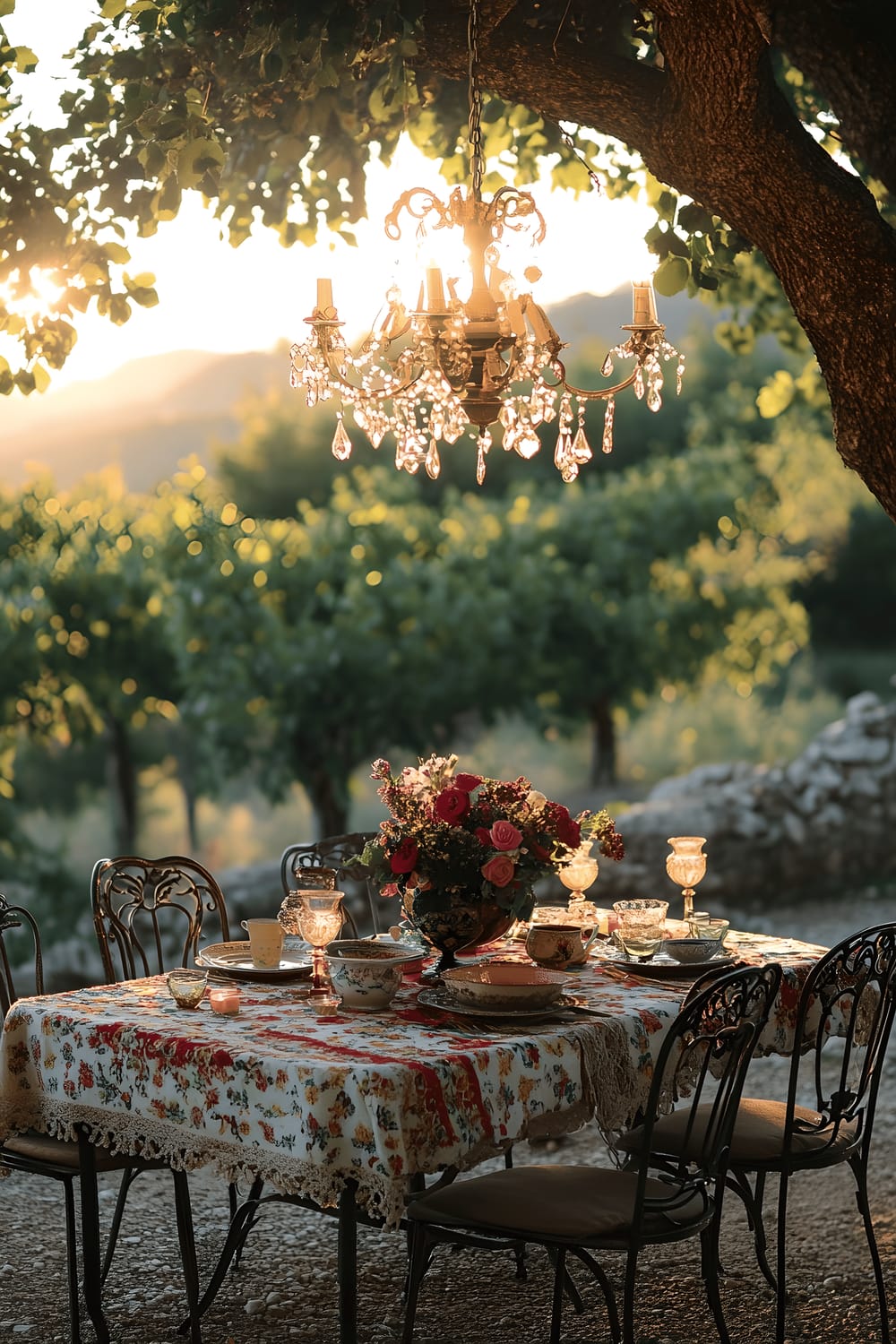 An outdoor dining setup under a tree, with a wrought iron table set for four, using mismatched vintage chairs and a colorful embroidered tablecloth. The table is adorned with ceramic centerpieces and a rustic chandelier hanging from the tree branch above it, casting a warm glow in the hues of the sunset.