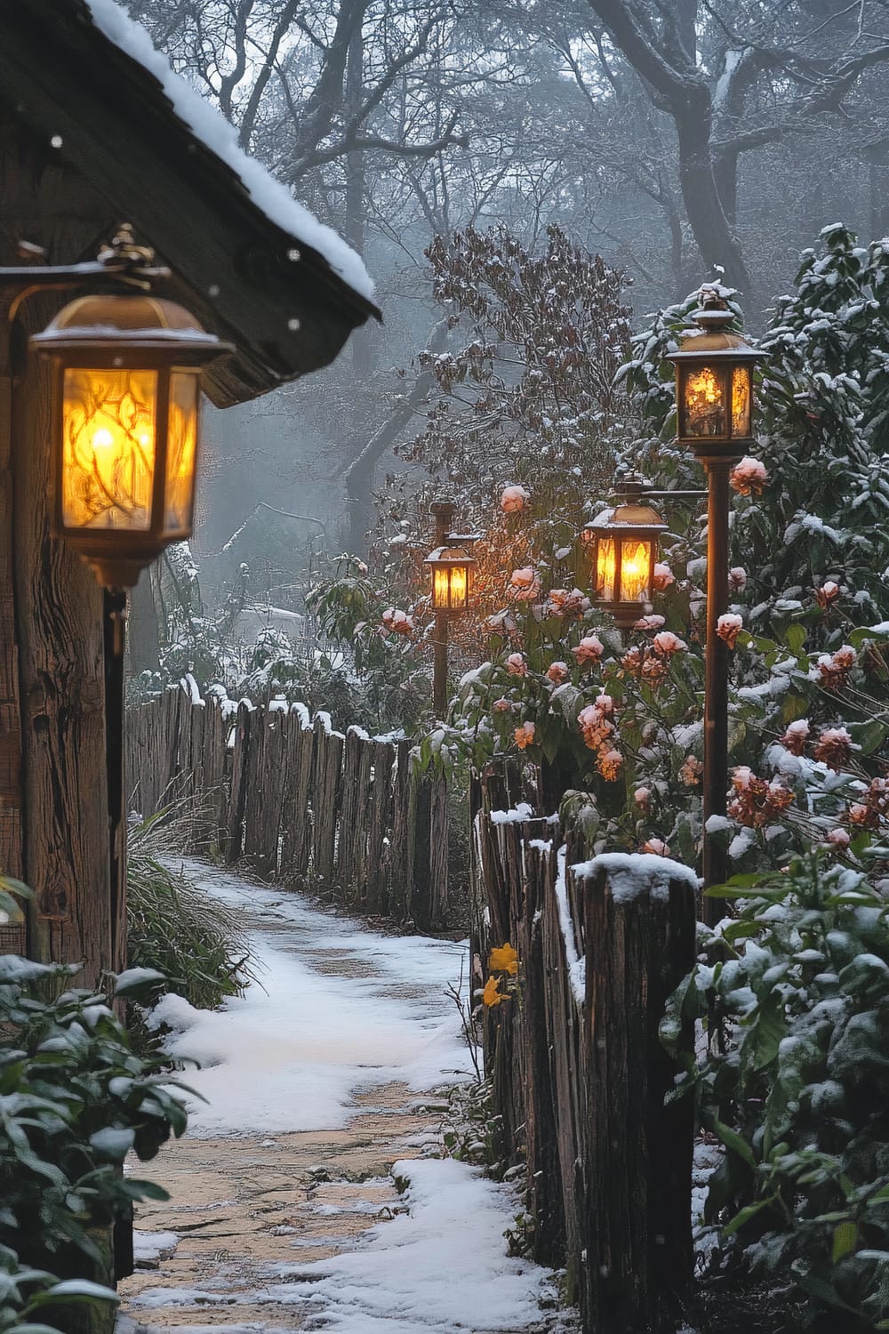 A snowy garden pathway lined with vintage-style lanterns emitting a warm glow. The path, covered in patches of snow, is bordered by a rustic wooden fence and lush greenery with a few flowering bushes also dusted in snow. Tall, bare trees are visible in the misty background.