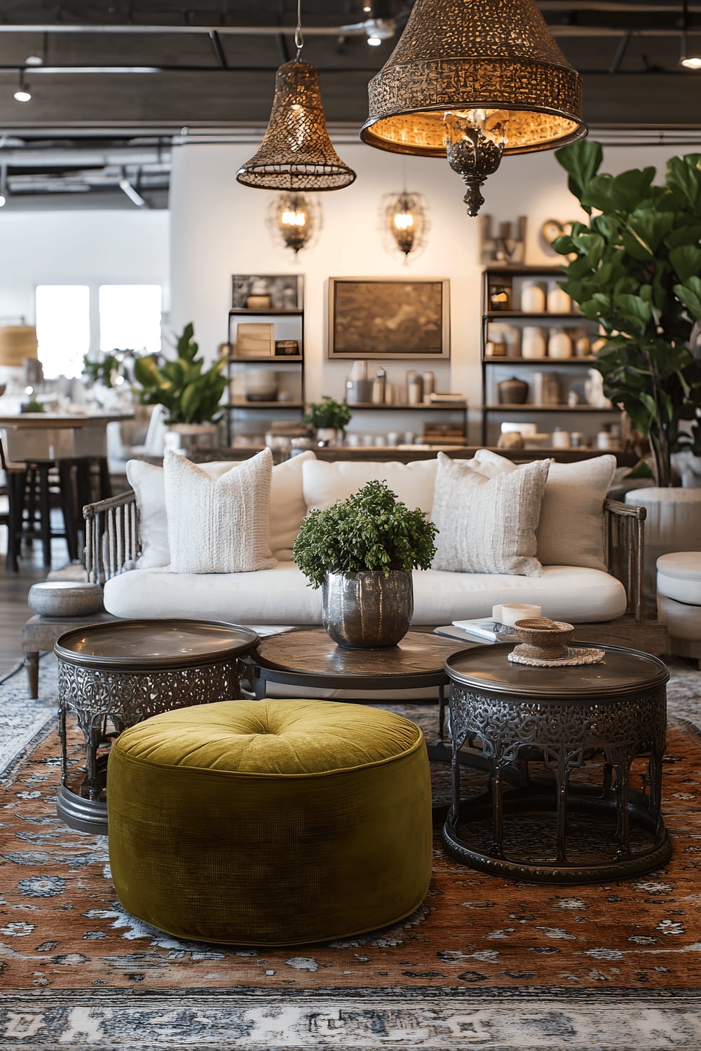 A bohemian-style living room with chartreuse accents contrasting against bronze and neutral-toned furniture. The furniture includes a chartreuse pouf, neutral-colored couches with chartreuse pillows, and bronze metal coffee tables. The decor features eclectic bohemian rugs, bronze pendant lights, and fiddle leaf fig plants in bronze planters. The room is lit by multiple light sources creating a warm and vibrant atmosphere.