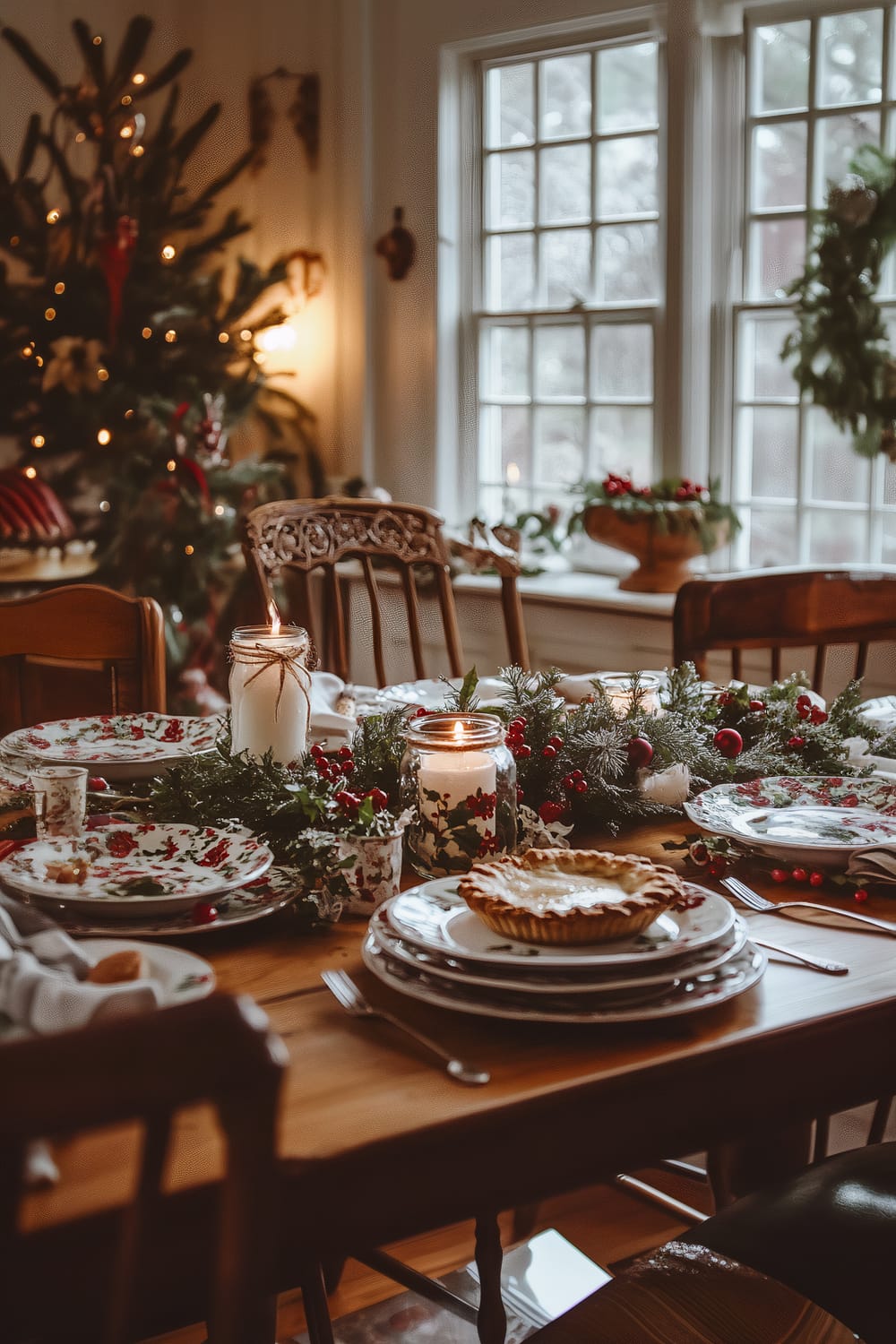 A holiday-themed dining room is set with a wooden table adorned with plates decorated with holly berry patterns. The table centerpiece features green garlands with red berries and lit candles in mason jars. A pie rests on a stack of plates in the foreground. Behind the table, an elegantly decorated Christmas tree stands with warm, soft lighting. Snow is visible outside the large windows, and garlands and wreaths grace the window sills.