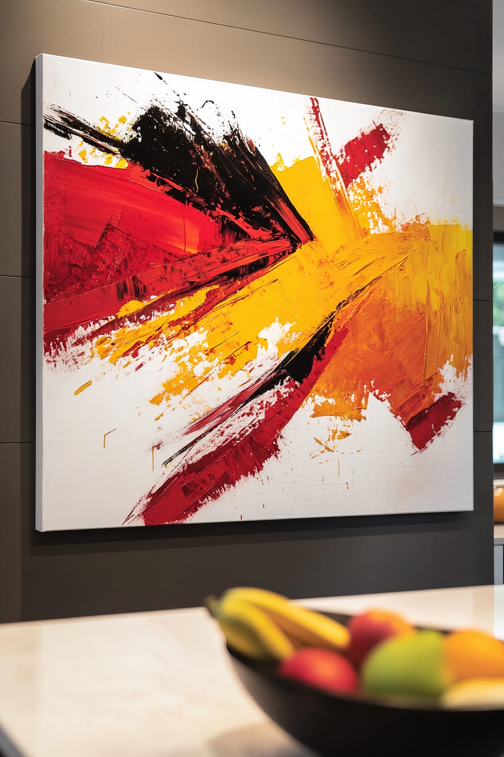 An interior space features a large, dynamic abstract painting predominantly in vibrant reds, blacks, and yellows on a white background. In the foreground, a bowl of various fruits including bananas, apples, and pears is placed on a white surface.