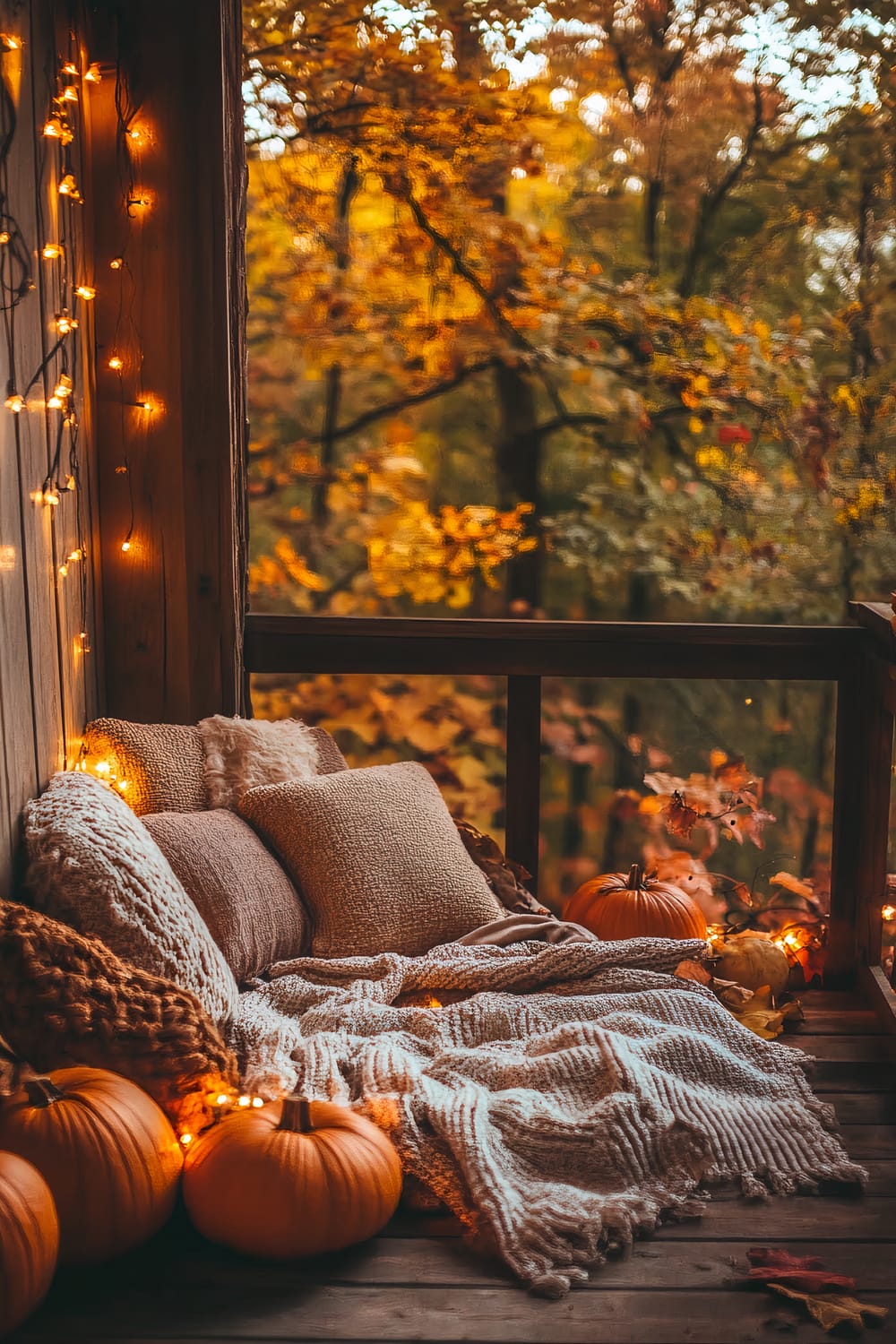 An outdoor autumn-themed setting featuring a cozy seating area adorned with cream-colored cushions and blankets. The scene is warmly lit by string lights and decorated with several pumpkins. The background showcases a forest with vibrant golden and orange autumn leaves.