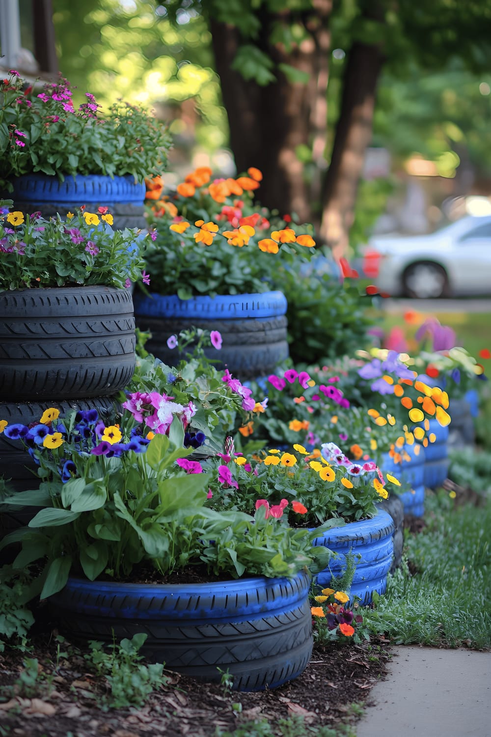 A collection of repurposed tires painted in hues of vibrant blues and yellows serve as innovative, upright planters. They are artistically stacked, showcasing a variety of plants such as colorful pansies, resplendent zinnias, and lush ferns. The the way they brighten up a corner of the garden introduces an element of playful charm to the scene.