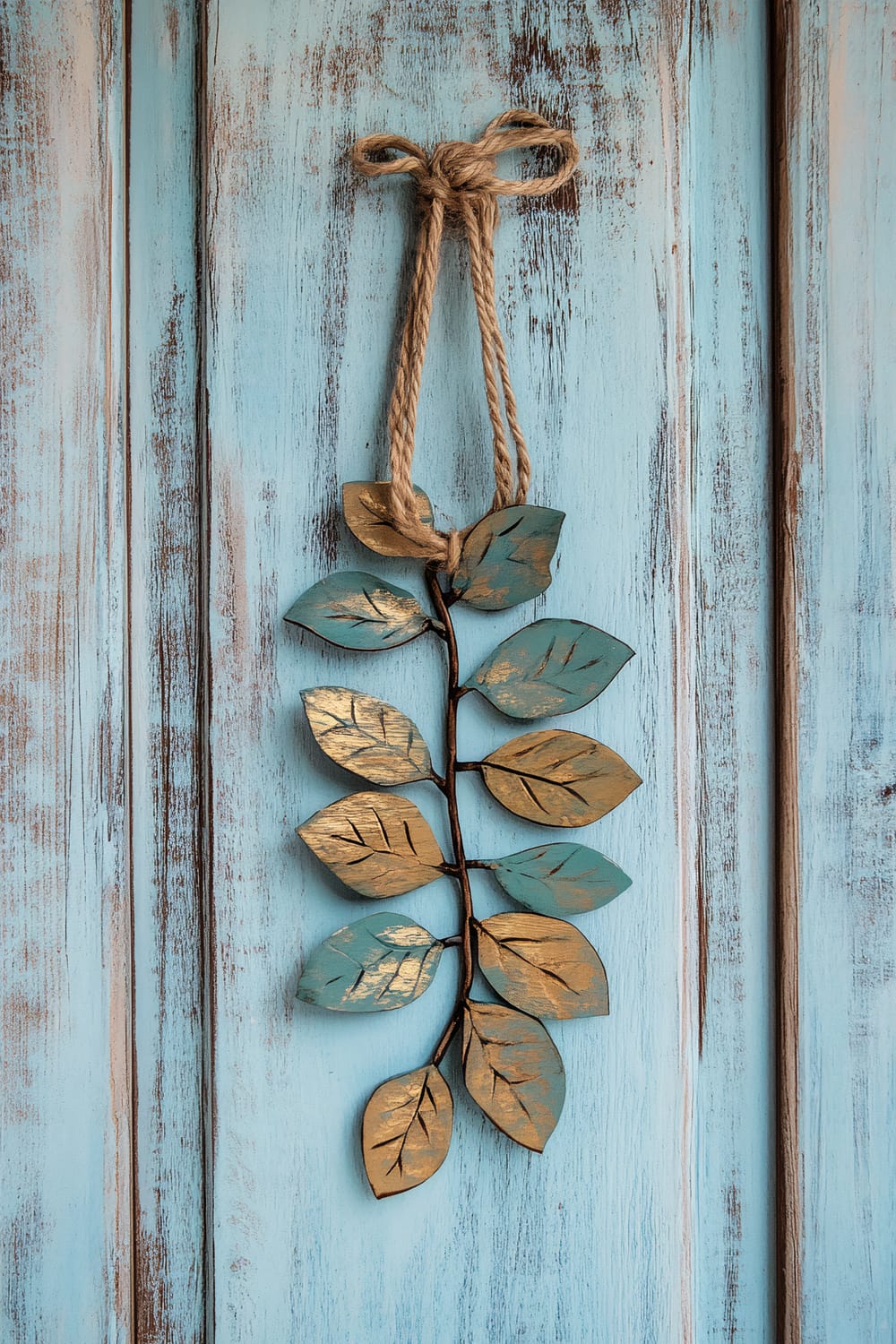 An artistic metal leaf ornament painted in teal and gold hangs on a distressed, light blue wooden background. The metal leaves are tied with a rustic rope that forms a bow at the top.