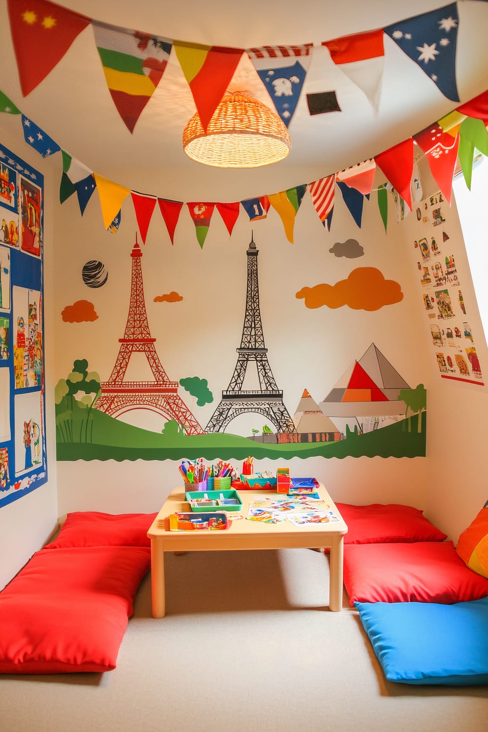 A playroom with a travel-inspired theme, featuring wall decals of landmarks like the Eiffel Tower and pyramids. There are flags hanging from the ceiling, a simple table with craft supplies, and colorful cushions on the floor.