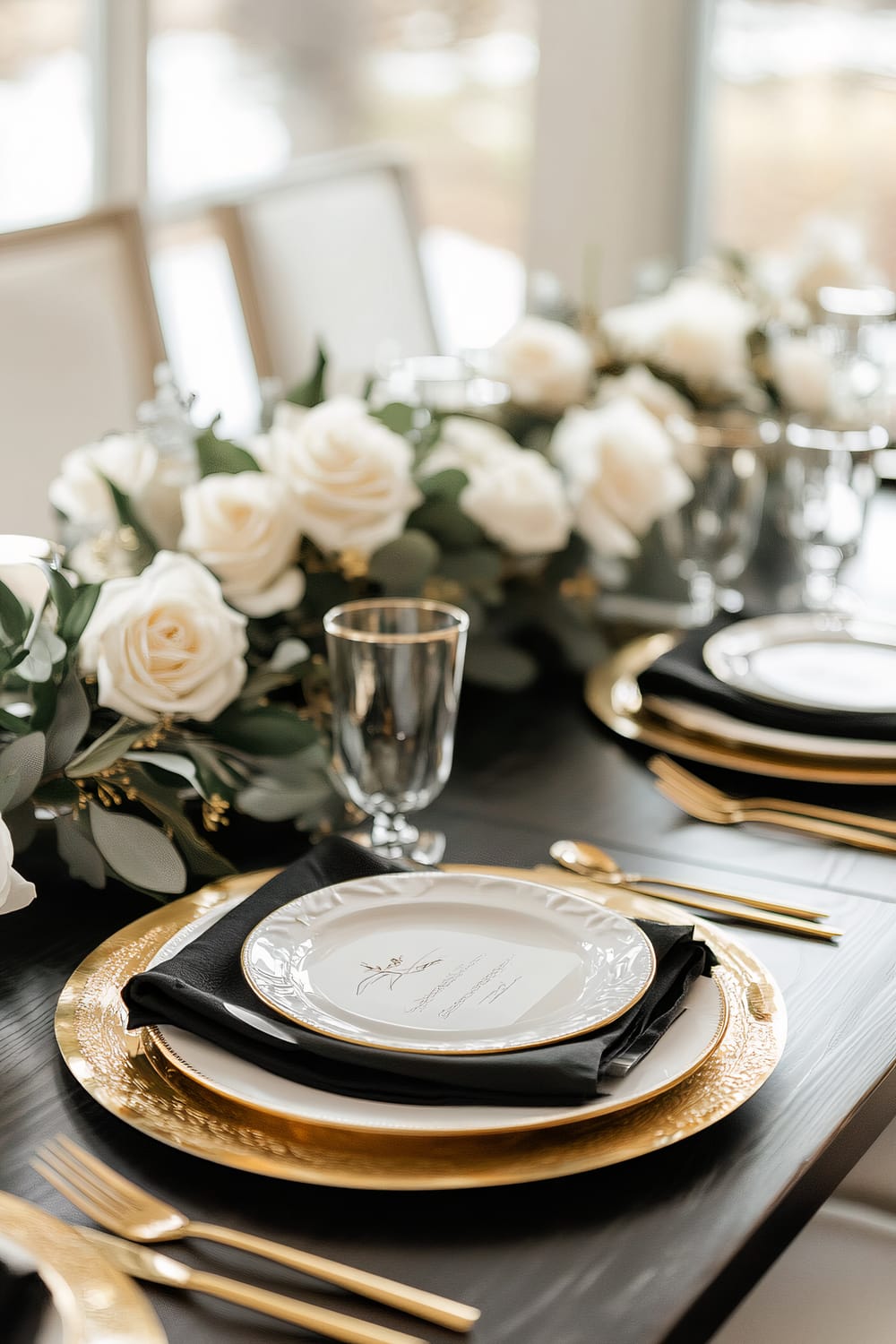 A sophisticated table setting featuring a black table with gold-rimmed plates and black napkins. Each place setting includes gold cutlery and a glass with a gold rim. White roses and green foliage create an elegant centerpiece that runs the length of the table. The setting is near a window, allowing natural light to enhance the elegant ambiance.