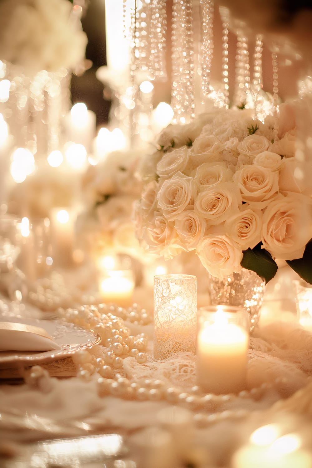 A luxurious Christmas dinner table setup with an elegant white theme. The table is adorned with bouquets of white roses and garlands of pearls. White porcelain dinnerware is placed on a lace tablecloth. Pearl-encrusted candle holders and lit candles add a soft glow. Crystal elements hang from above, contributing to the romantic ambiance.