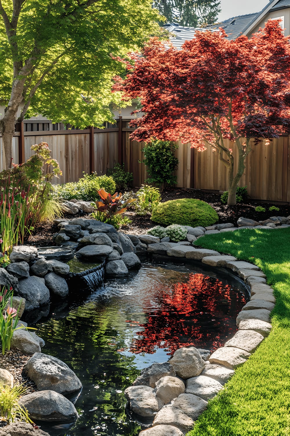 A serene small backyard garden featuring a natural pond bordered by smooth, weathered rocks. The pond is home to numerous aquatic plants while animated shrubs and a mature Japanese maple tree encircle the area. A wooden fence further marks the boundary of the garden, ensuring privacy. A neat, grassy lawn wraps the scene in a blanket of green, inviting a moment of leisure in the peaceful outdoor retreat.