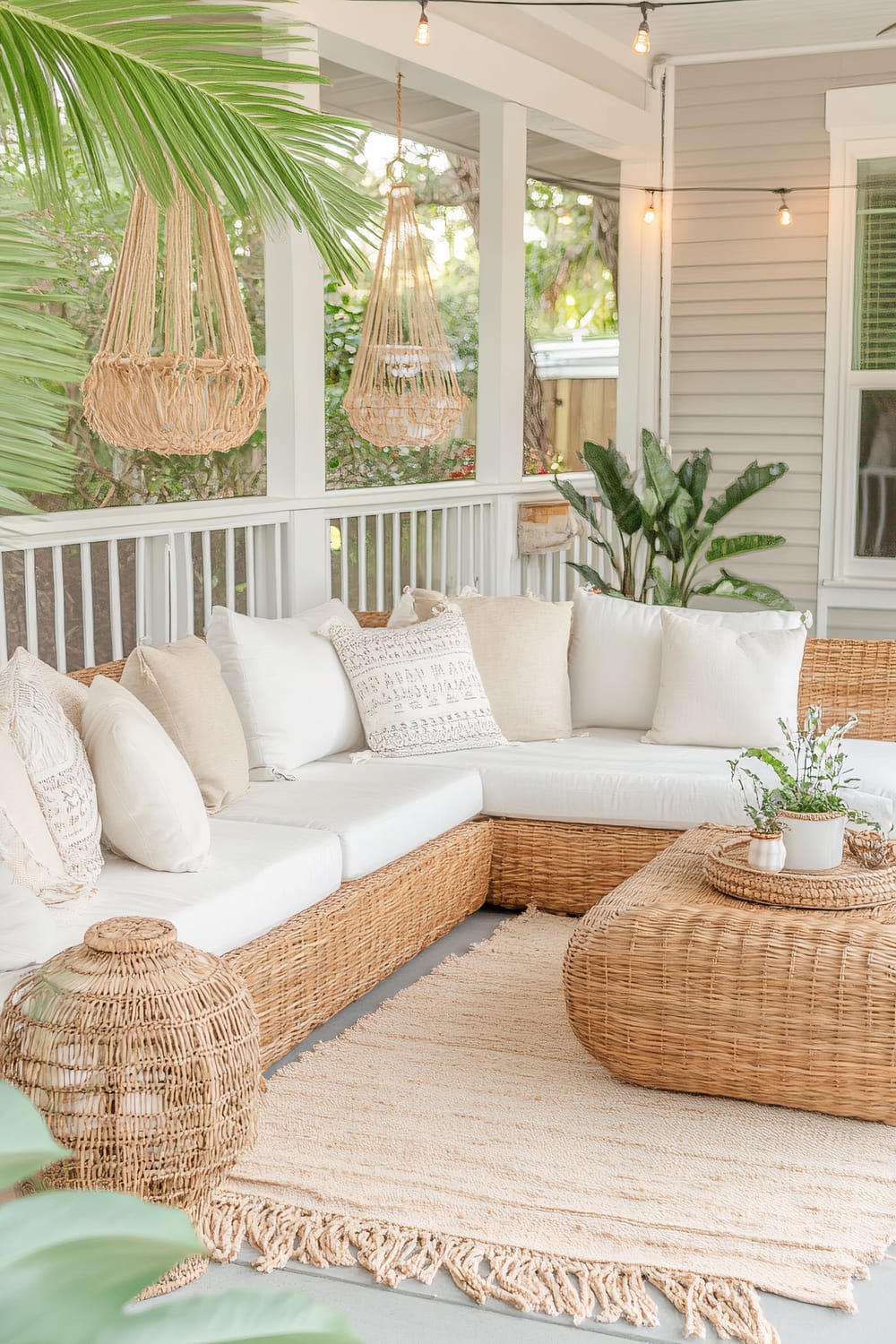 A bright and airy porch featuring a wicker sectional sofa with white cushions and various neutral-colored throw pillows. A wicker coffee table and woven decorative accents are present, along with hanging wicker baskets. A light beige rug with fringes covers the floor. Large tropical plants and string lights enhance the relaxed ambiance. The porch has white railings and horizontal siding walls.