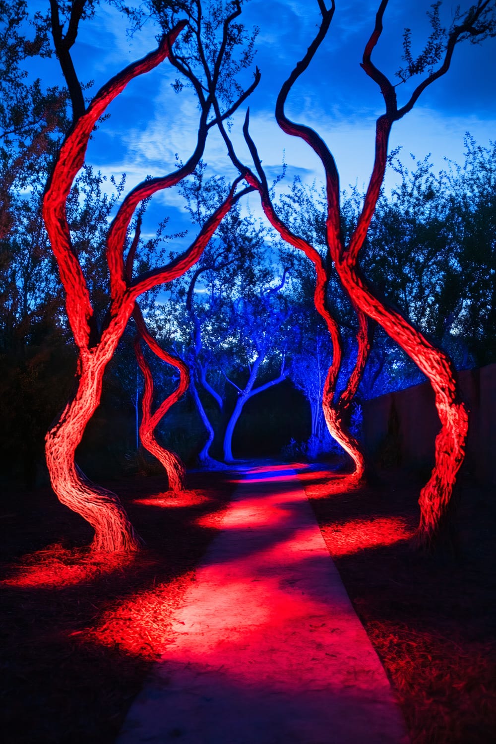 An eerie outdoor scene with trees casting elongated, twisted shadows resembling claws or limbs. The trees are dramatically lit from below with deep red and ominous blue ground lights, creating a haunting display. The path between the trees is lined with the same intense colors, while the surrounding landscape is minimal with dark soil and sparse vegetation, emphasizing the shadowy effects.