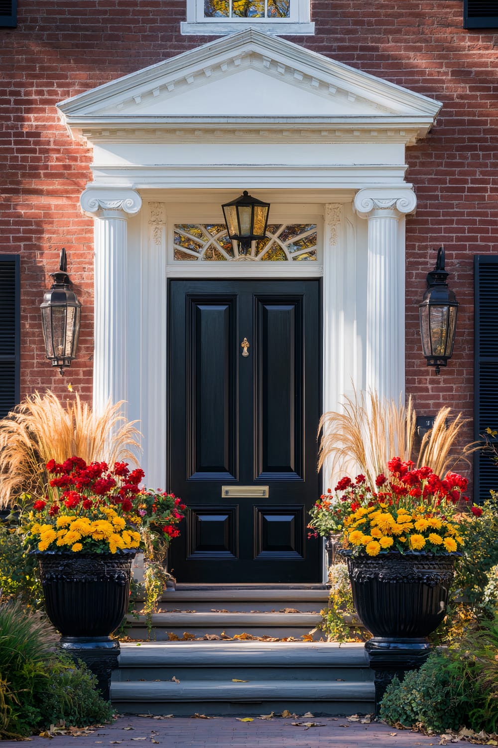 An elegant front entrance of a brick house featuring a black, paneled door with a brass knocker and mail slot. The door is framed by white trim with decorative molding and a pediment above. Flanking the door are two black, antique-style lanterns mounted on the brick wall, and large planters with vibrant red and yellow flowers and decorative grasses. Stone steps lead up to the entrance.