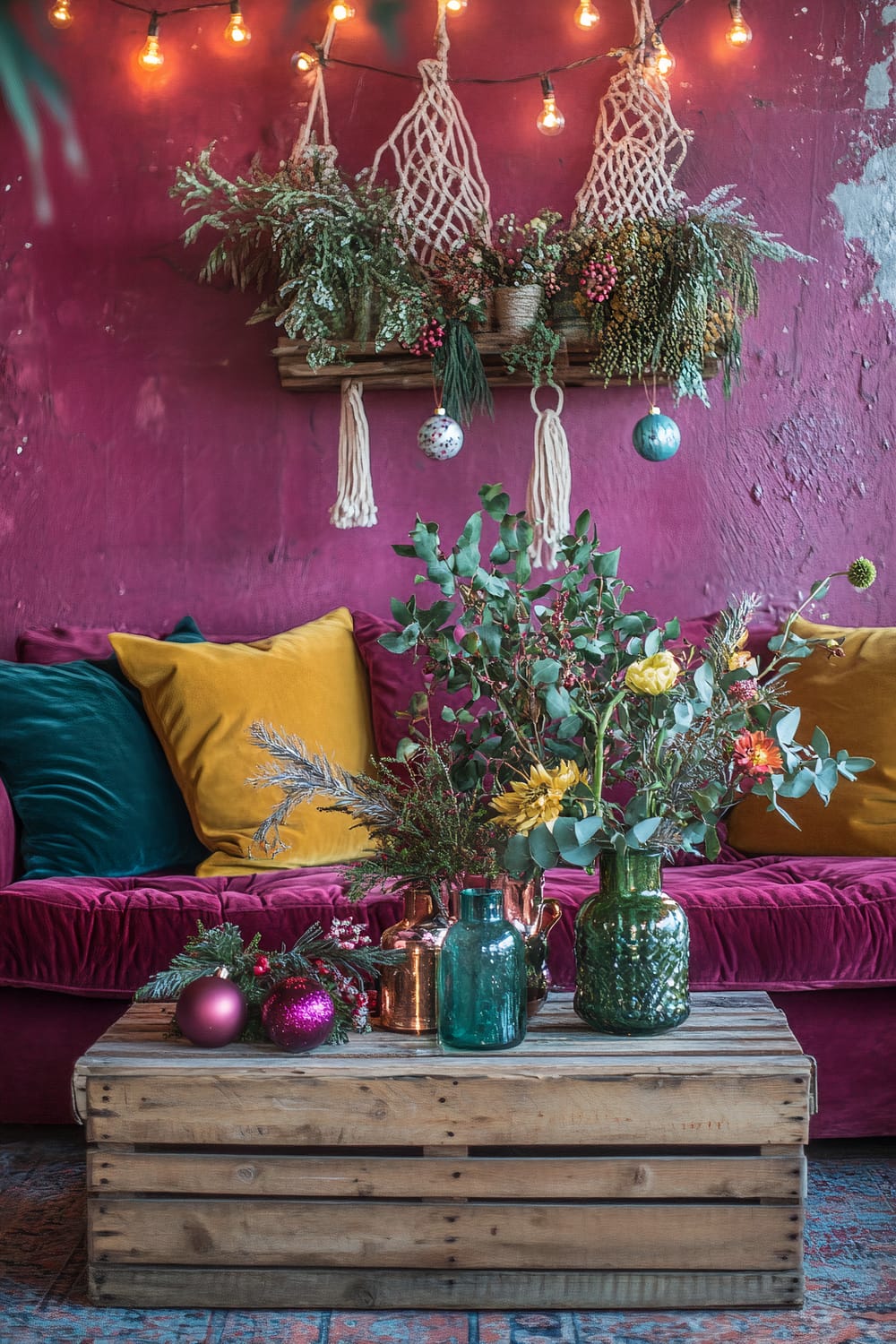 A vibrant interior with a magenta wall backdrop, a deep magenta velvet sofa with mustard and teal cushions, a wooden crate coffee table holding green glass vases and copper pitchers with floral arrangements, macramé hanging plant holders, and string lights creating a festive atmosphere.