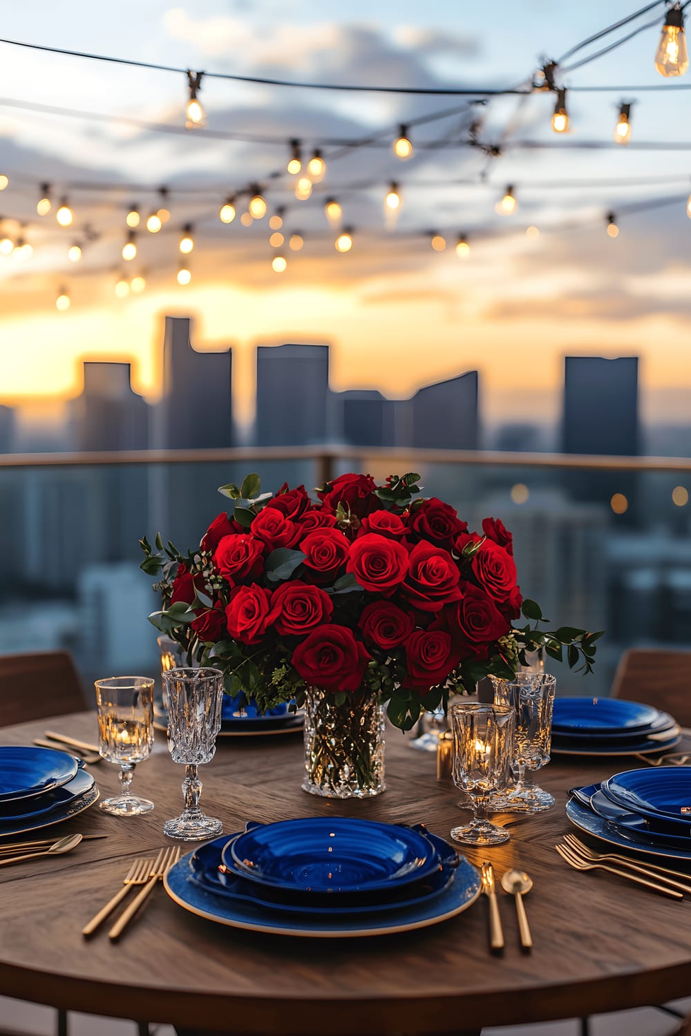 A romantic dinner setup at rooftop during sunset featuring a wooden table set with cobalt blue plates, gold cutlery, and a center bouquet of red roses. Overhead string lights cast a warm glow. The backdrop is a city skyline painted with the orange and pink shades of the setting sun.