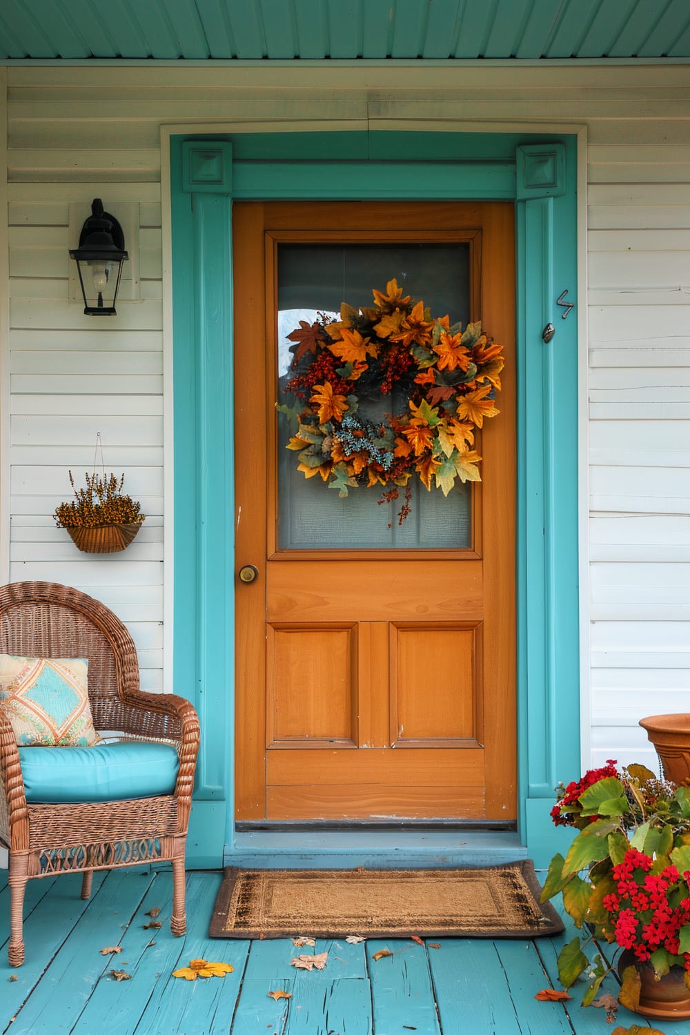 An inviting front porch with a bright orange door flanked by turquoise trim and a matching turquoise ceiling. A festive wreath with autumn leaves adorns the door. To the left, a wicker chair with a turquoise cushion and decorative pillow sits next to a wall-mounted planter with seasonal plants. A tan doormat is placed in front of the door, and a pot of red flowers sits on the right side of the porch.