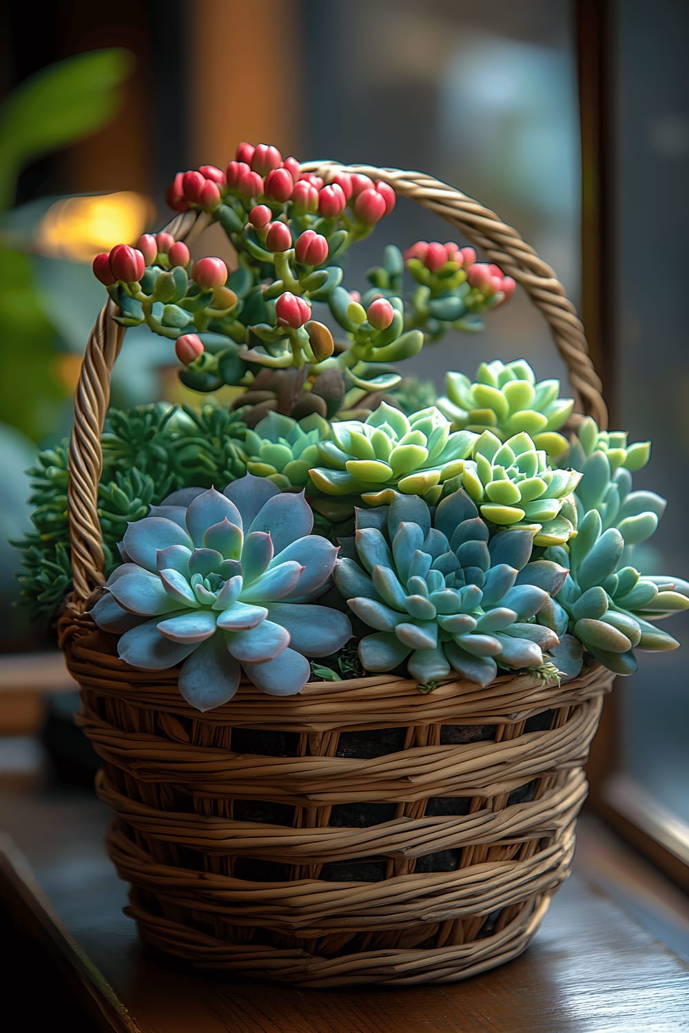 A close-up photograph of a basket filled with arranged succulent plants in various shades of green and purple, presumably positioned on a wooden table.