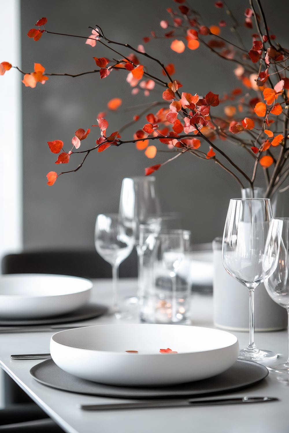 A minimalist dining table setting with white bowls and glasses. Bright orange and red leaves are arranged in a glass vase, creating a warm contrast against the neutral tones. The table has grey placemats and sleek cutlery.