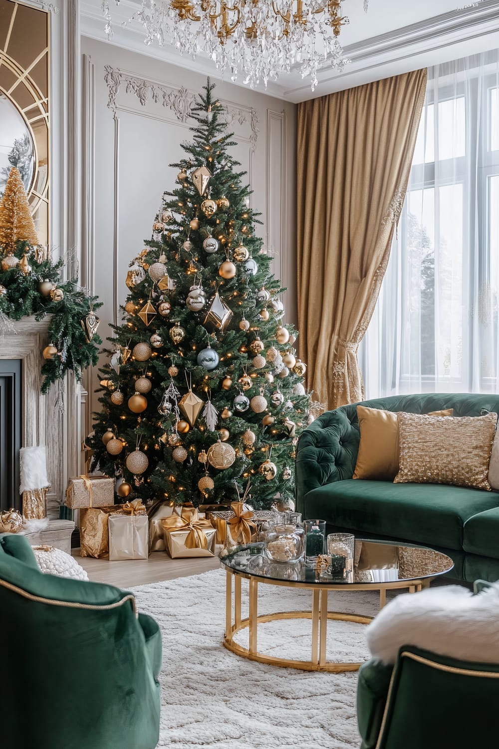 An elegantly decorated living room featuring a large Christmas tree adorned with gold and silver ornaments, surrounded by wrapped presents in metallic colors. The room has green velvet sofas with gold and cream pillows, a gold and glass coffee table, and a white plush rug. The walls are adorned with intricate moldings and there is a large ornate mirror above the mantelpiece decorated with holiday greenery and a golden Christmas tree. A crystal chandelier hangs from the ceiling, and golden curtains frame large windows allowing natural light to flood the room.