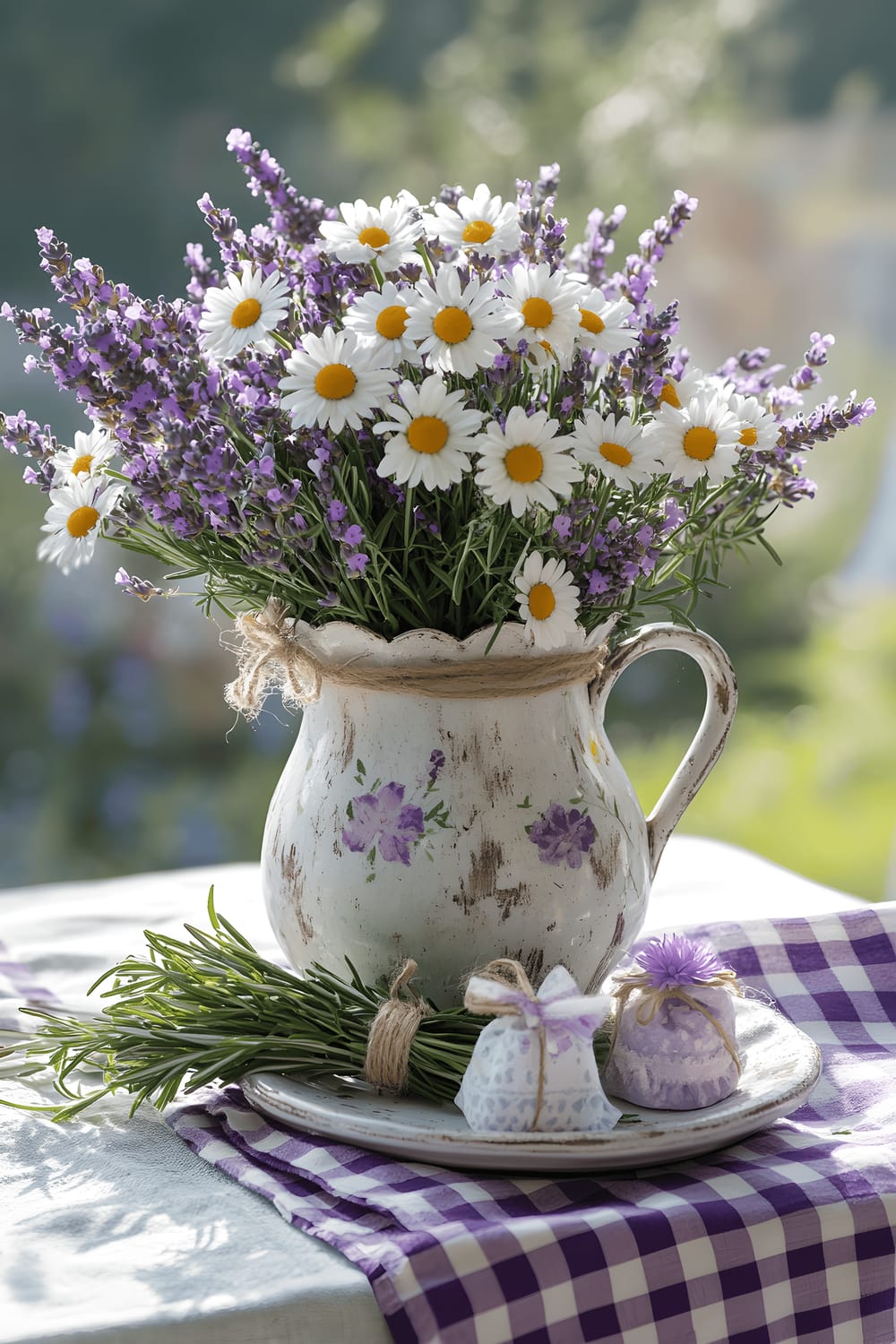 A picturesque table setting featuring a charming centerpiece with a bouquet of lavender and white daisies arranged in a distressed ceramic pitcher. Surrounding the flowers are sprigs of rosemary and small lavender sachets tied with twine. The arrangement sits on a linen-covered table with a checkered table runner and ceramic plates boasting a vintage design. The soft, natural lighting accentuates the soothing purple tones and rustic textures of the scene.