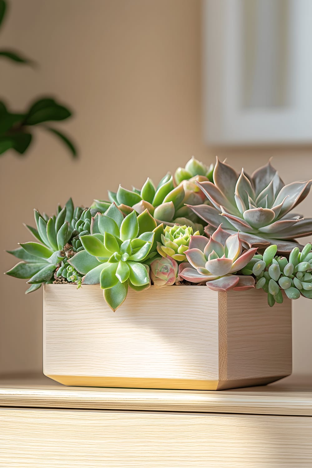 A close-up image of a square wooden cachepot, in a Scandinavian style interior, filled with an array of colourful succulents. The cachepot is placed on a chest of drawers against a light beige wall, accentuating the vibrant greens and purples of the succulent leaves. The entire composition has a warm, soft, pastel-quality to it.