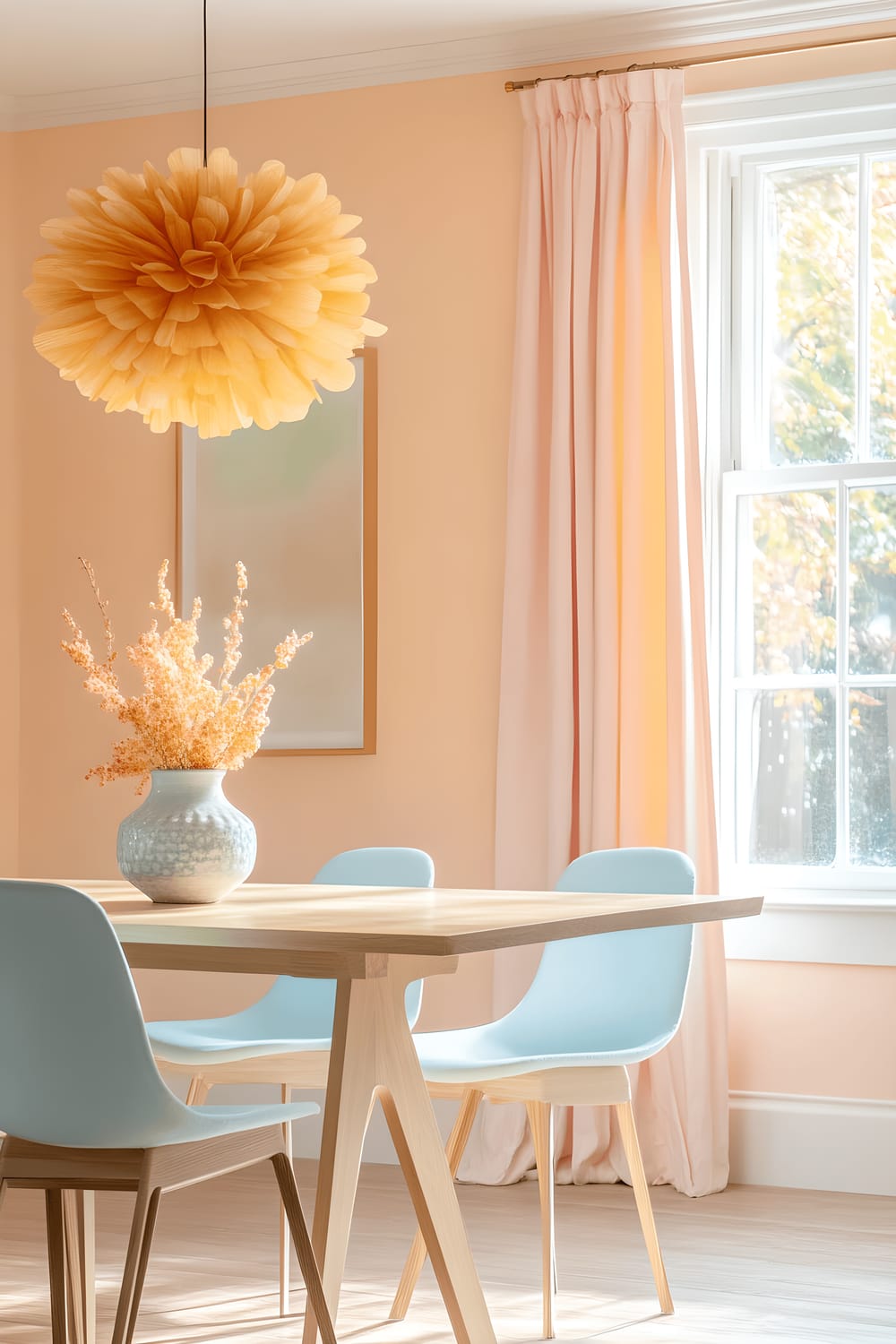 An elegant dining area with pale peach walls, light wooden flooring, a matching dining table paired with pastel blue chairs, a soft coral ceramic centerpiece, and pastel yellow chandelier. Light pink curtains on the large window infuse natural light into the gently hued room, enhancing the overall mix of pastel colors.