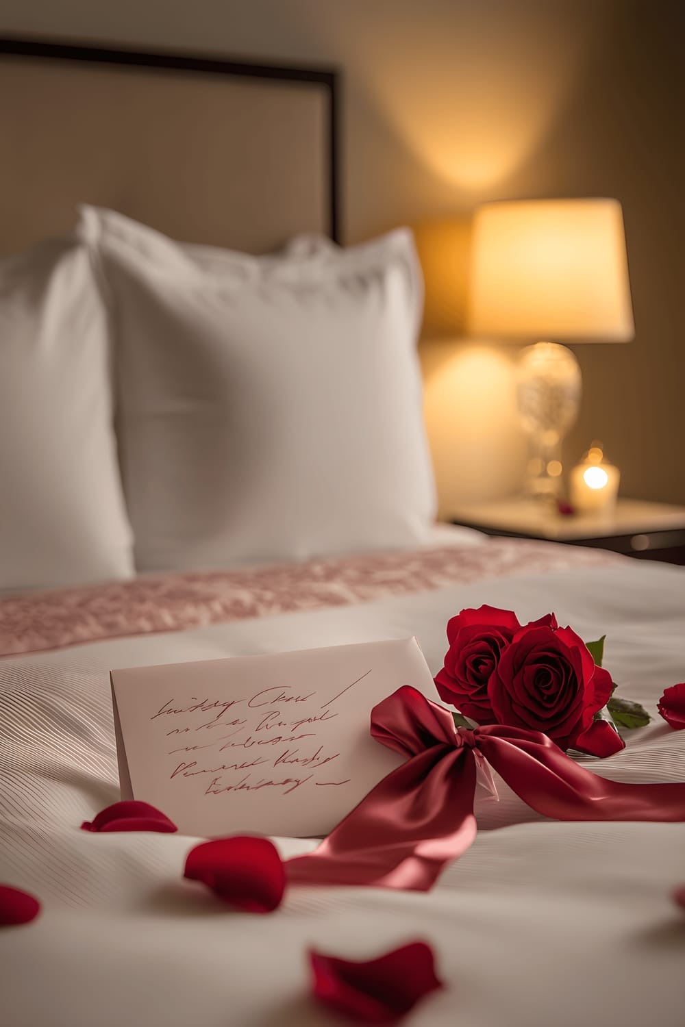 A romantic bedroom scene featuring a neat queen-sized bed covered with a luxurious blush pink duvet and several soft white pillows. The bed is illuminated by the ambient glow from bedside lamps. A single handwritten love letter, decorated with a red satin ribbon, rests on one of the pillows, surrounded by scattered rose petals. Next to the letter is a slim glass vase holding a single red rose.