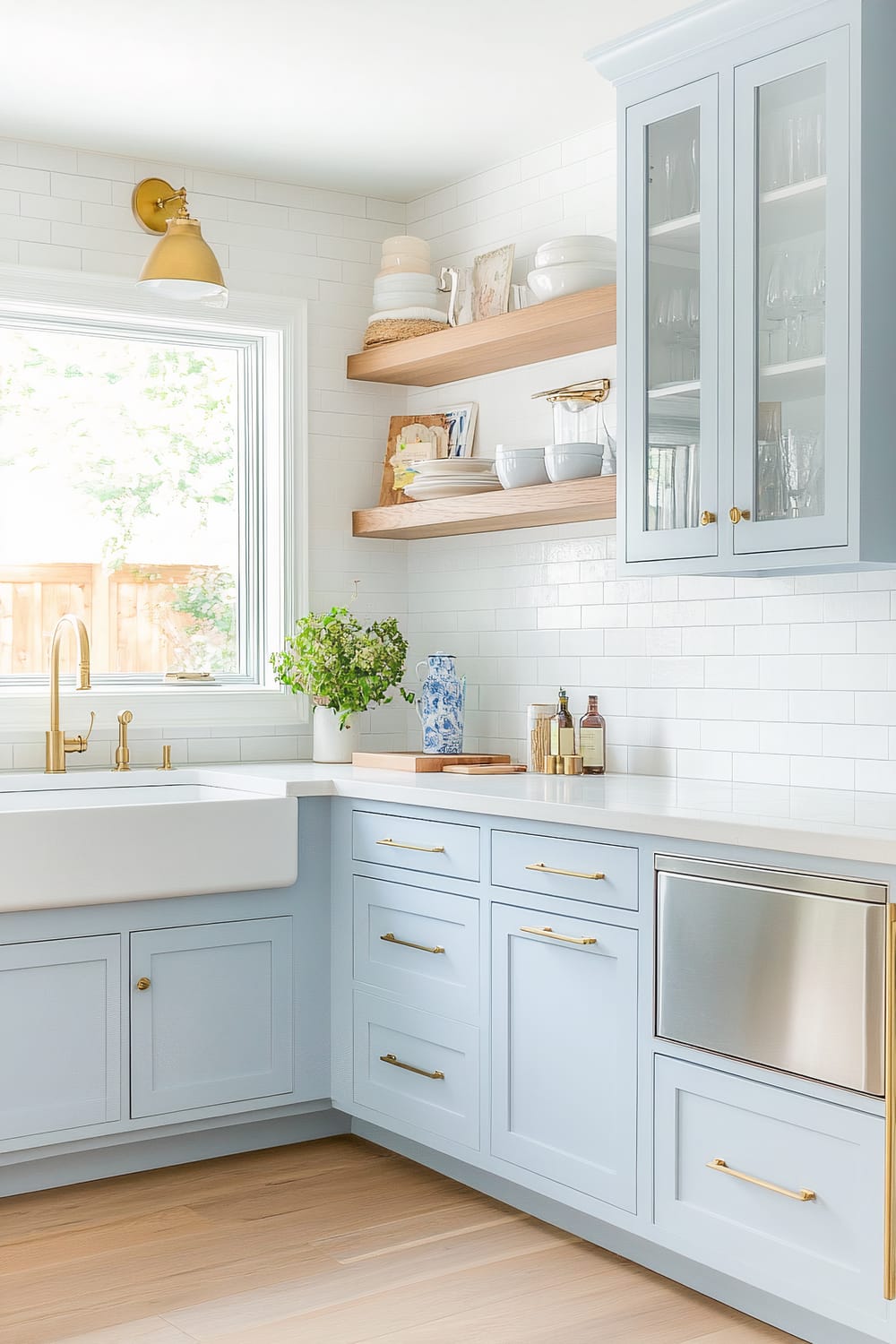 A bright and airy kitchen featuring baby blue cabinetry accented with gold handles and a deep farmhouse sink. White subway tiles cover the backsplash, and wooden floating shelves display various kitchenware and decorative items. A large window lets in natural light, illuminating the contemporary gold faucet and the countertop adorned with a potted plant, a blue and white vase, and various condiments. The kitchen has a light hardwood floor and a stainless steel dishwasher integrated into the cabinetry.