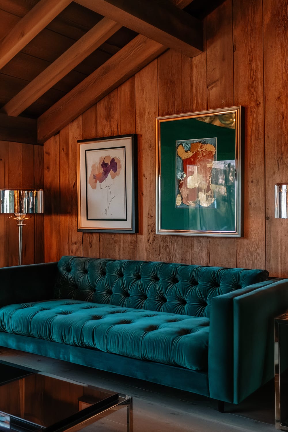 An interior space featuring a luxurious velvet tufted sofa in a rich teal color, positioned against wooden paneled walls. Two framed abstract artworks hang above the sofa. On the right side, a mirrored side table with a geometric lamp is visible. The ambient lighting is warm, enhancing the jewel tones and creating an inviting atmosphere.