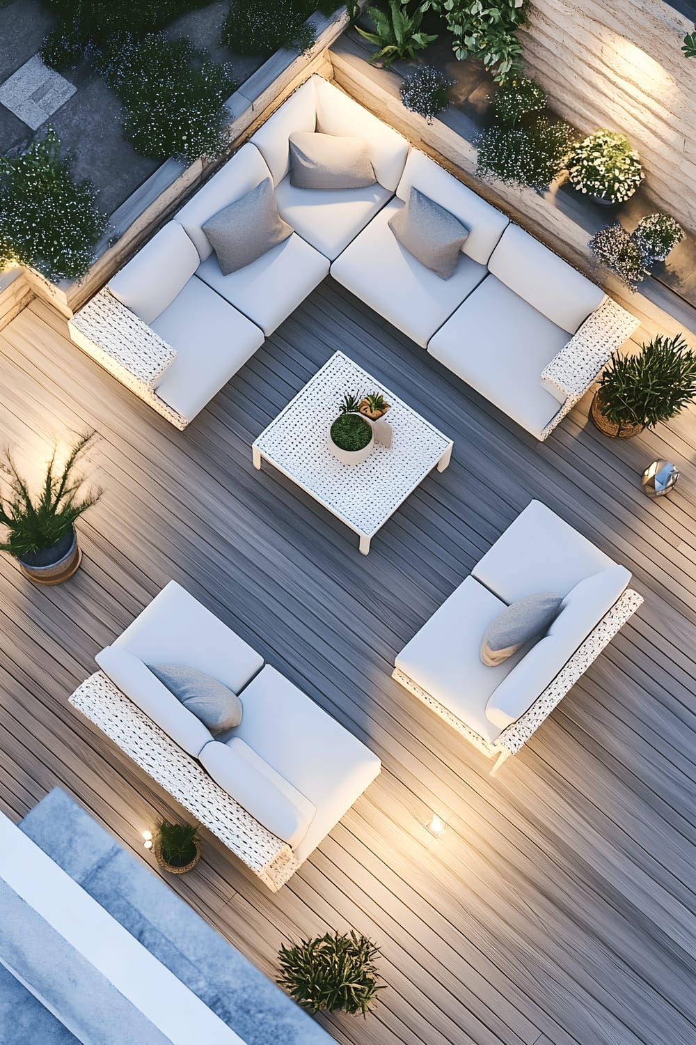 A Scandinavian-inspired backyard during twilight features a minimalist design with light wooden decking. White wicker furniture with neutral-toned cushions sit atop the deck. Around the seating area, there are potted greenery and simple geometric planters offering a subtle touch of color. Overhead, soft ambient lights add warm illumination to the space, highlighting its clean lines and functionality.