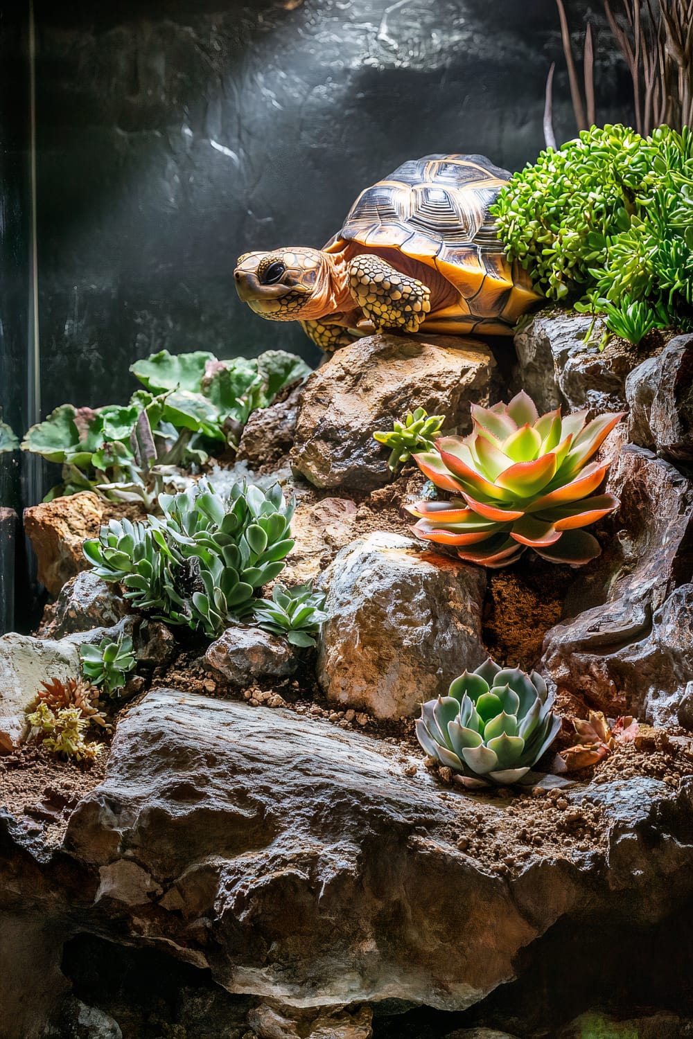 A terrarium featuring a tortoise climbing on a rocky surface adorned with various types of succulent plants. The background is a dark, textured wall that contrasts with the vibrant greenery and the earthy brown and orange tones of the tortoise's shell.