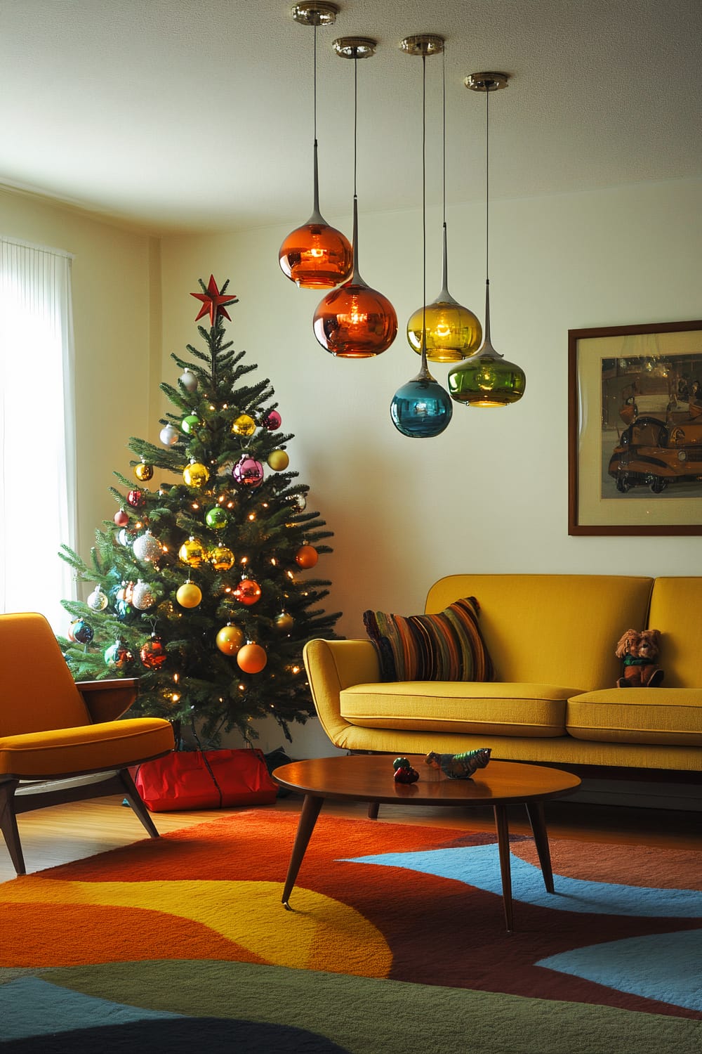 A 1950s retro living room decorated for Christmas, featuring a classic vintage Christmas tree with colorful glass baubles. The room is furnished with mid-century modern furniture in bold hues, including a mustard-yellow sofa and matching chair. Vibrant pendant lighting in various colors hangs from the ceiling, and a multi-colored, abstract-patterned rug covers the floor.