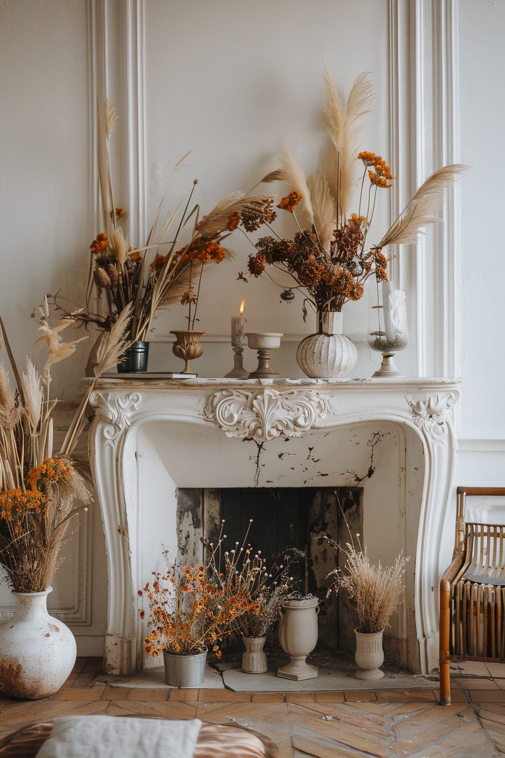 A vintage fireplace adorned with various dried floral arrangements, pampas grass, and candelabras. The white, ornate mantle shows signs of aging, with cracks and peeling paint, adding to its rustic charm. The floor is made of patterned wood, and there's a rattan chair on the right side of the image. Numerous vessels and containers of different sizes hold dried flowers, creating a warm and nostalgic ambiance.