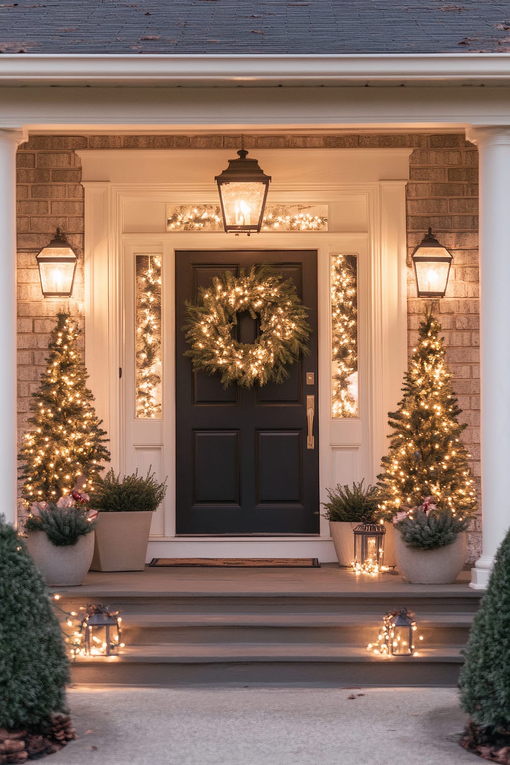 A festive and elegant front porch decorated for the holidays. The focal point is a black door adorned with a lush green wreath illuminated by string lights. Flanked by two large windows, the door is framed by white trim and a soft brick wall. Two symmetrical, small evergreen trees in beige planters on each side of the door are wrapped in twinkling lights. Classic lantern-style wall sconces cast a warm glow. The porch steps are accentuated with lanterns containing LED lights, adding to the enchanting ambience.