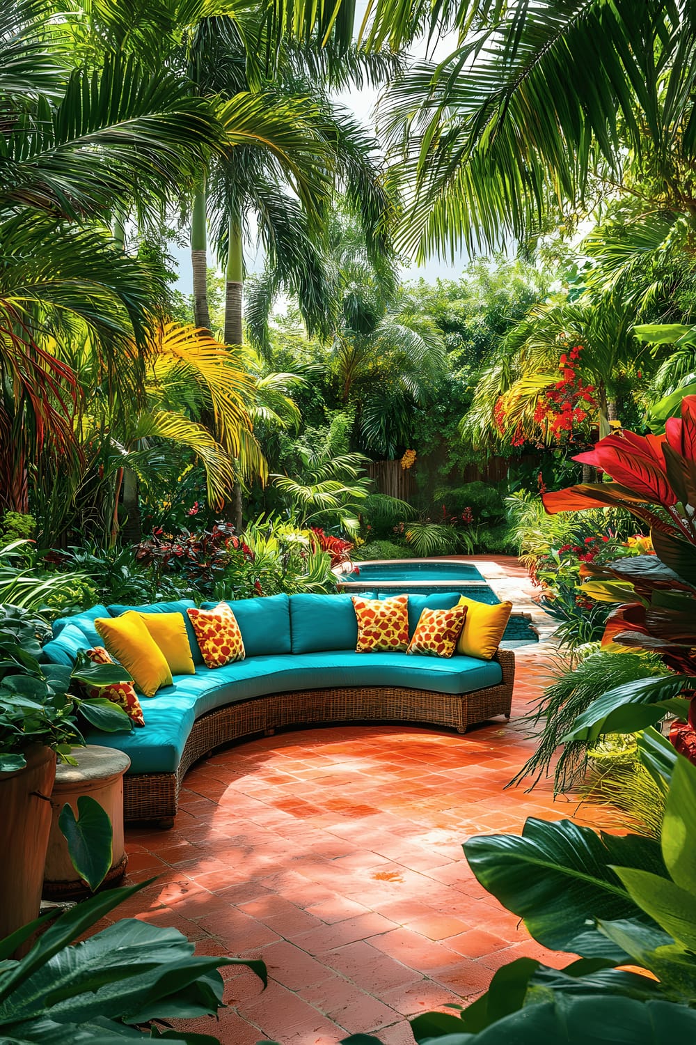 A vibrant back patio area featuring coral-colored pavers, a bold turquoise wicker sectional with yellow cushions in the center, surrounded by lush tropical greenery with palms, philodendrons, and hibiscus plants. A small pool can be seen in the background, shimmering under the bright sunlight.