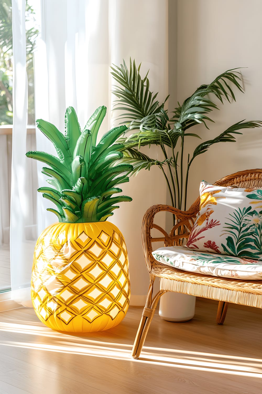 A room featuring a large inflatable pineapple-shaped lamp in bright yellow and green colors on a sleek white side table. The lamp casts a warm glow on the light-toned wooden floor. A single rattan chair with a multicolored cushion sits nearby, and a lush, green monstera plant nestles in the corner. Ample natural light from a large window accentuates the vibrancy of the room.