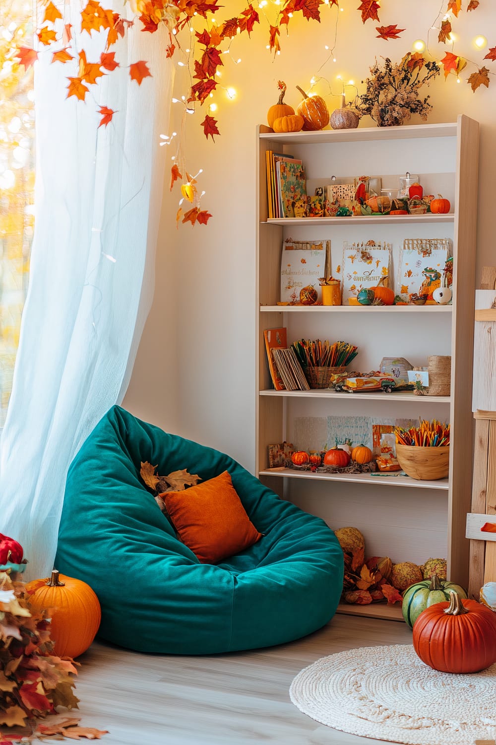 A whimsical kids' corner decorated for Thanksgiving with a teal bean bag, orange pillow, bookshelf filled with books and autumn decor, pumpkins, and fall-themed crafts. Copper fairy lights and colorful fall leaves hang overhead. Natural light filters through white curtains, creating a cheerful space.