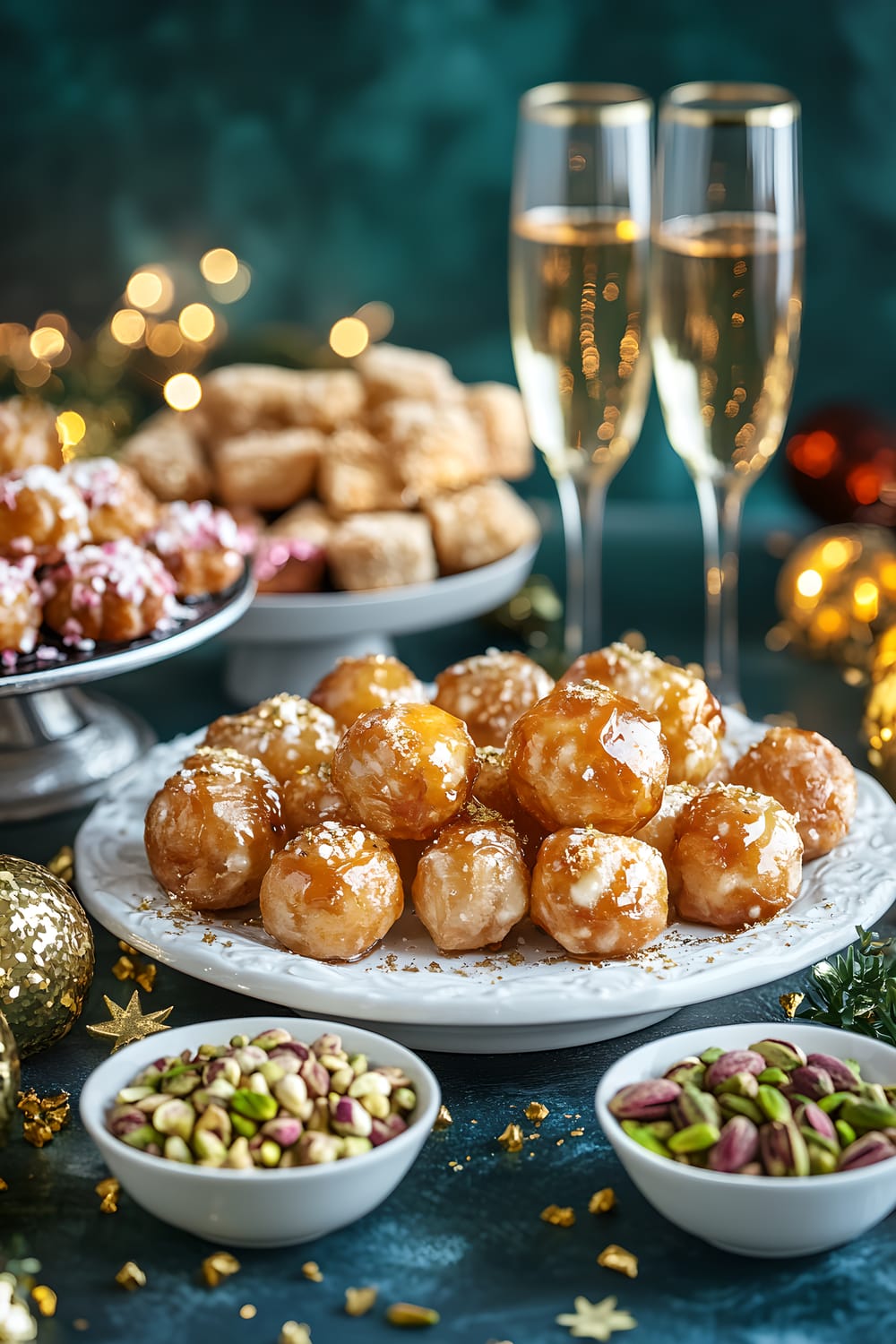 A New Year's Eve buffet table adorned with international treats such as six Greek loukoumades (honey-soaked dough balls) neatly arranged on a white ceramic platter, along with three small bowls filled with crushed pistachios. Two brimming crystal champagne flutes are present, all accentuated by scattered gold confetti and gold stars. Background is a smooth, vibrant dark teal surface, enhancing the contrast. Soft, ambient lighting brings out the festive and elegant nature of the table.